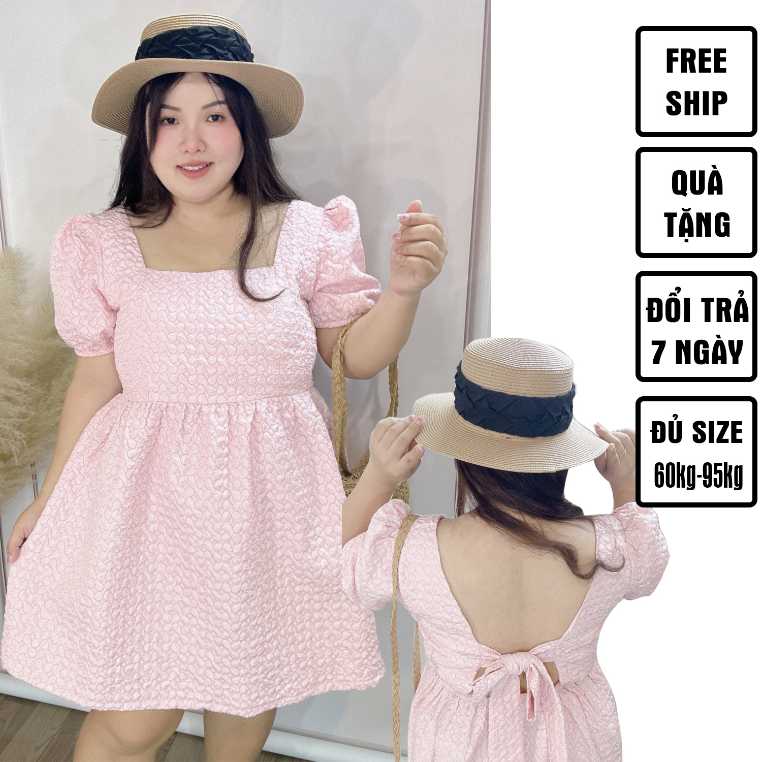 Đầm gấm xốp nơ lưng bigsize 60kg - 95kg mặc đi tiệc đi chơi