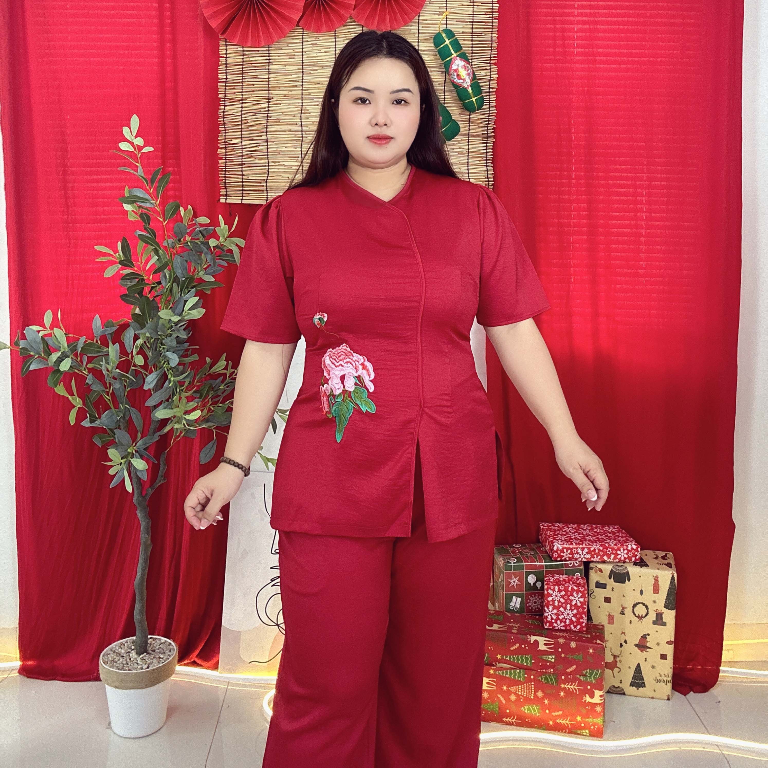 Đồ lam đi chùa bigsize cao cấp thêu hoa mẫu đơn 60kg - 95kg