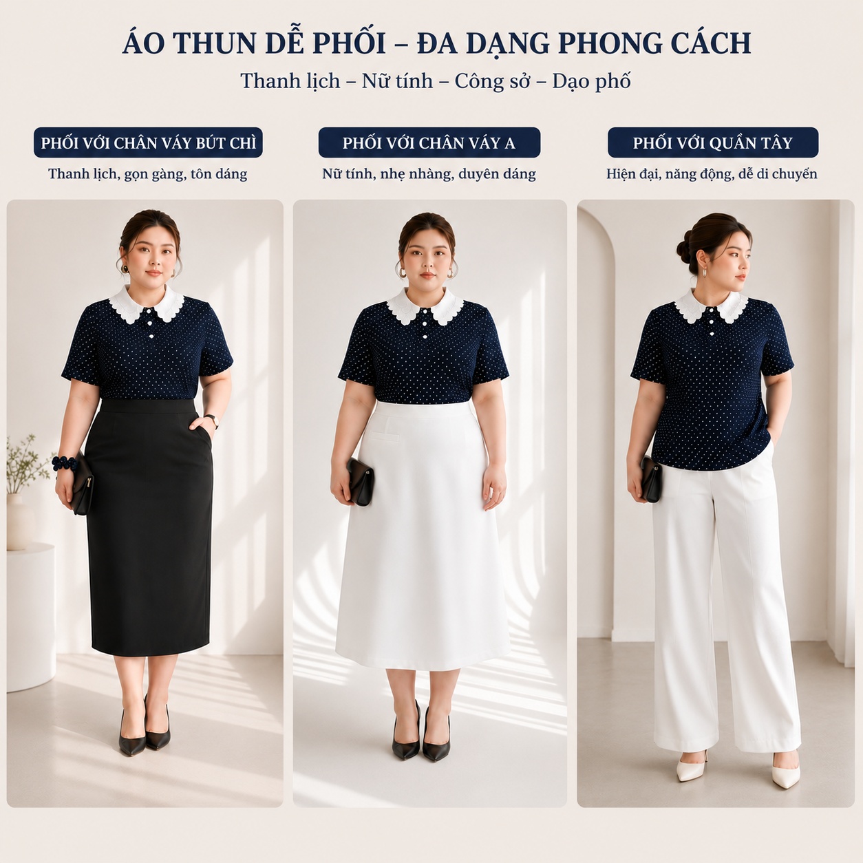 [TẶNG CỘT TÓC] Áo thun chấm bi cổ ren bigsize 70kg - 100kg thanh lịch