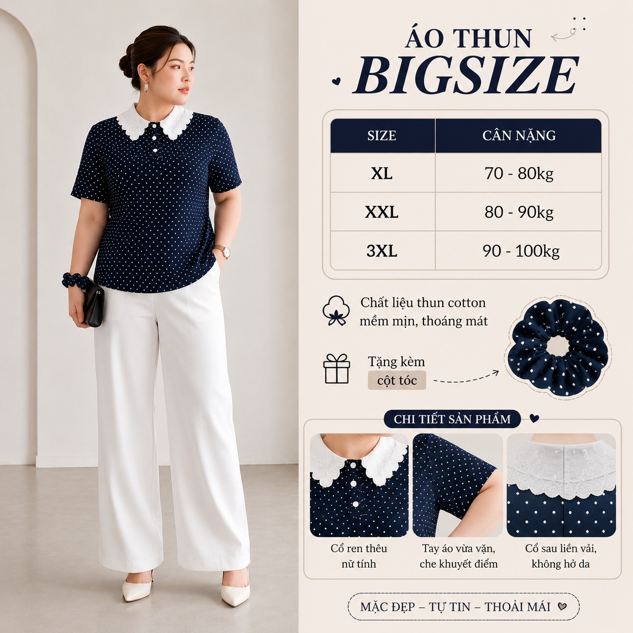 [TẶNG CỘT TÓC] Áo thun chấm bi cổ ren bigsize 70kg - 100kg thanh lịch