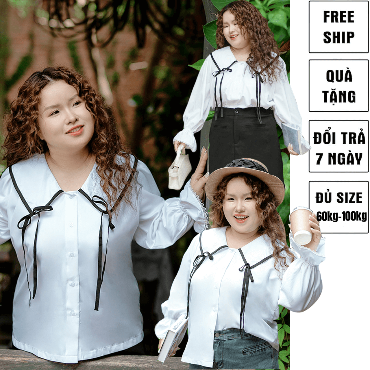 Áo sơ mi nữ bigsize 60kg - 100kg trắng viền đen cổ nơ tay dài phong cách nhẹ nhàng, nữ tính