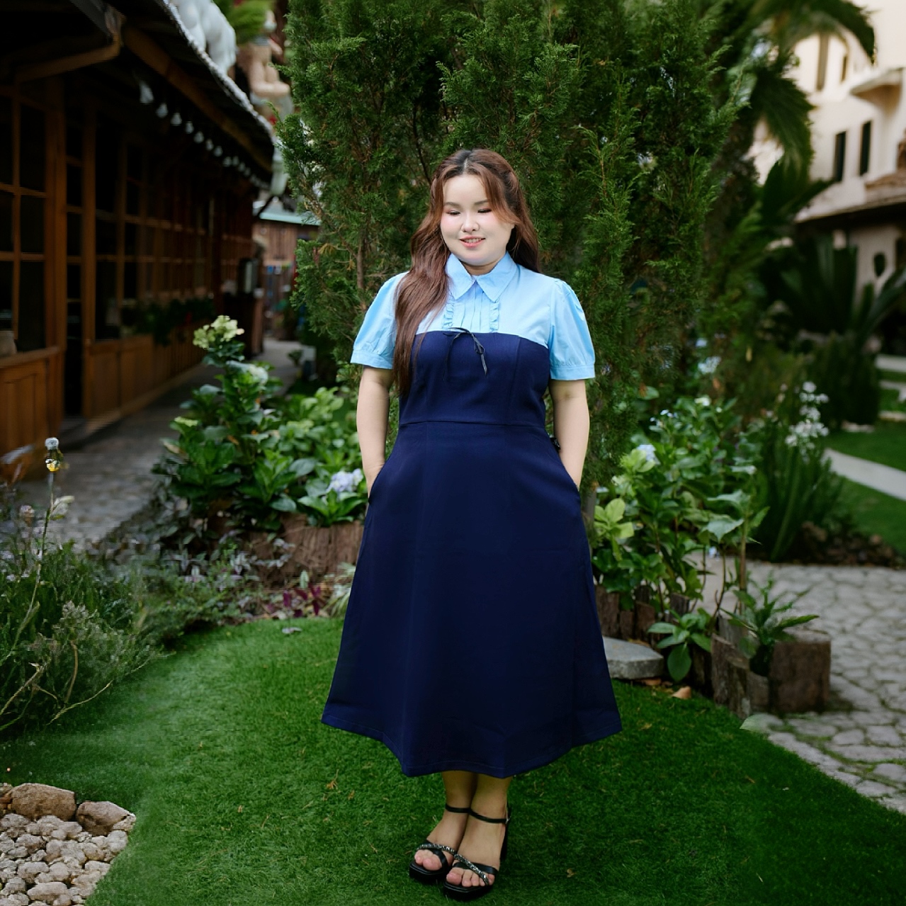 CA030029-Đầm bigsize 60kg - 95kg phối cổ sọc nơ chất tuyết mưa màu xanh đen có độ co giãn nhẹ phù hợp mặc đi tiệc, đi làm, đi chơi