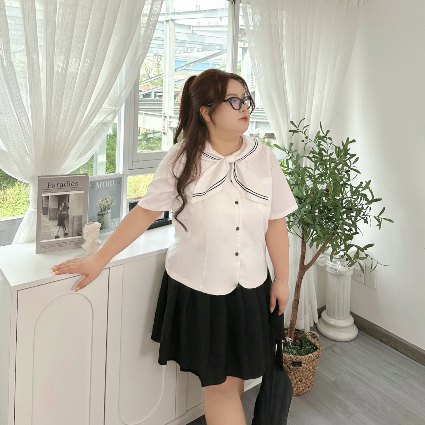 Áo sơ mi bigsize 60kg-95kg kiểu cổ nơ thuỷ thủ xinh xắn phù hợp mặc đi làm đi học đi chơi