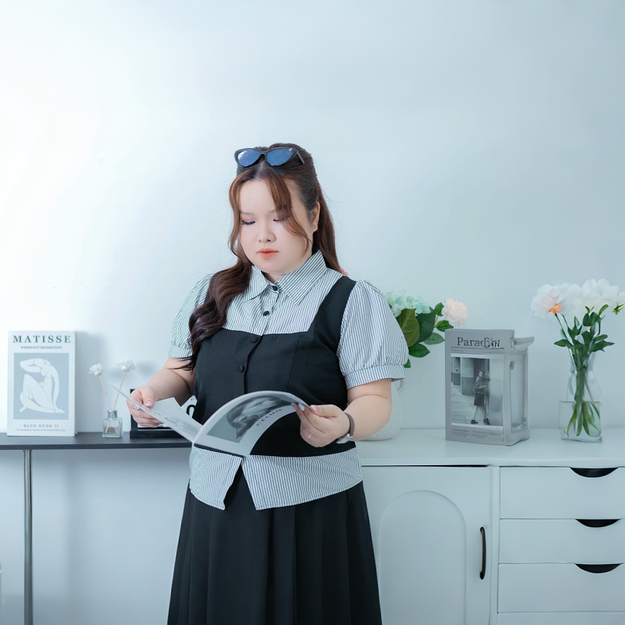 Áo sơ mi nữ Bigsize 60kg - 90kg Dáng Giả Gile Phối Sọc