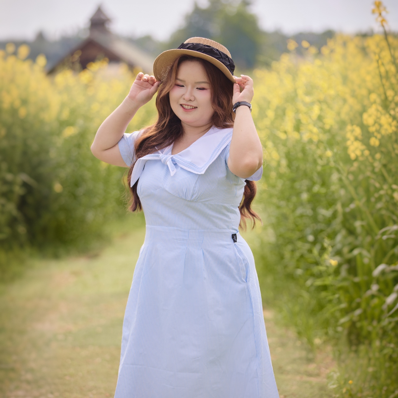 Đầm cổ thuỷ thủ bigsize 60kg - 95kg sọc dọc gọn dáng phù hợp mặc đi làm, đi tiệc, đi chơi