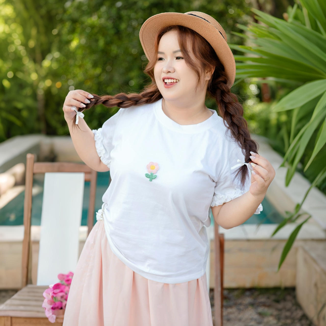 Áo thun bigsize nữ 60kg - 100kg đính hoa nổi tay bèo phù hợp mặc đi làm đi học đi chơi