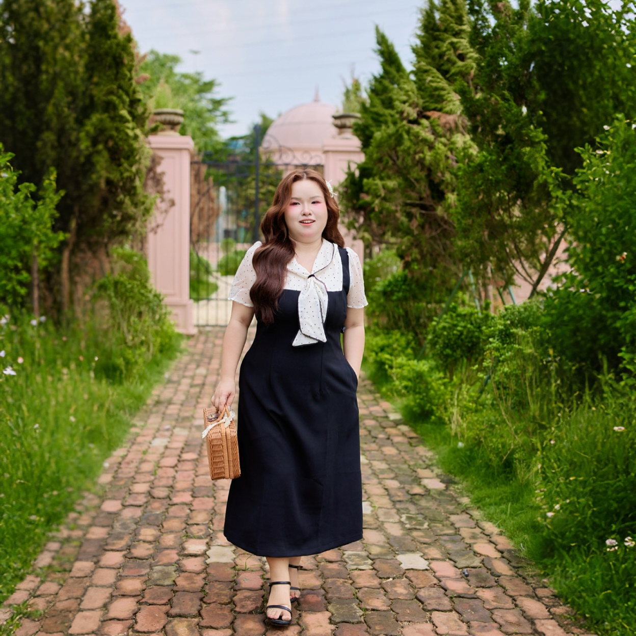 CA030032-Đầm công sở bigsize 60kg-100kg phối voan chấm bi phù hợp mặc đi làm, đi tiệc