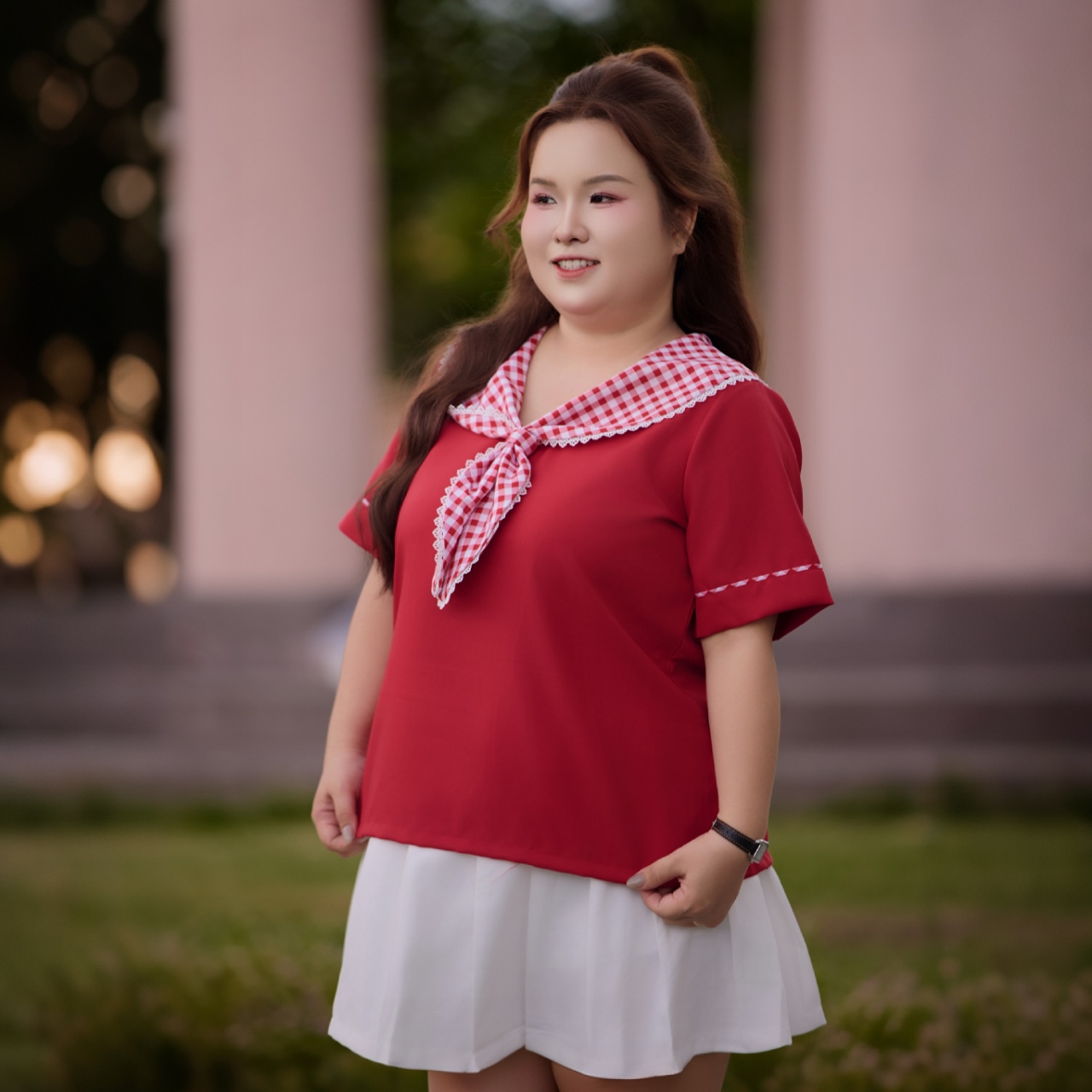 Áo kiểu bigsize nữ 60kg - 100kg phối caro phù hợp mặc đi làm , đi học, đi chơi