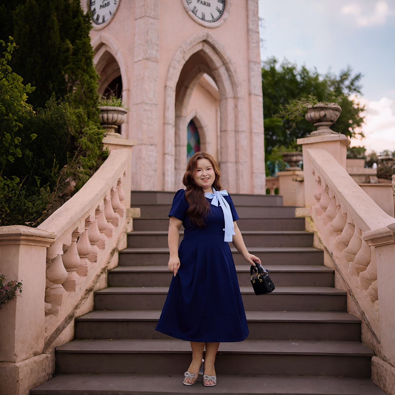 CA030033-Đầm công sở bigsize nữ 60kh -100kg xanh đen phối cổ sọc phù hợp mặc đi làm, đi tiệc, đi chơi