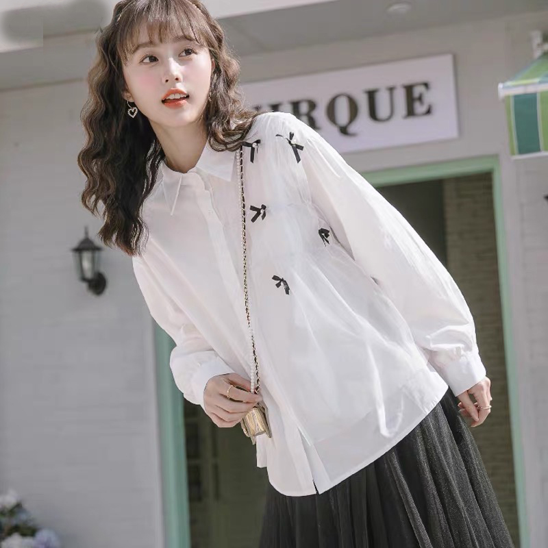 Áo sơ mi bigsize 60kg - 95kg phối lưới đính nơ mặc đi làm đi học