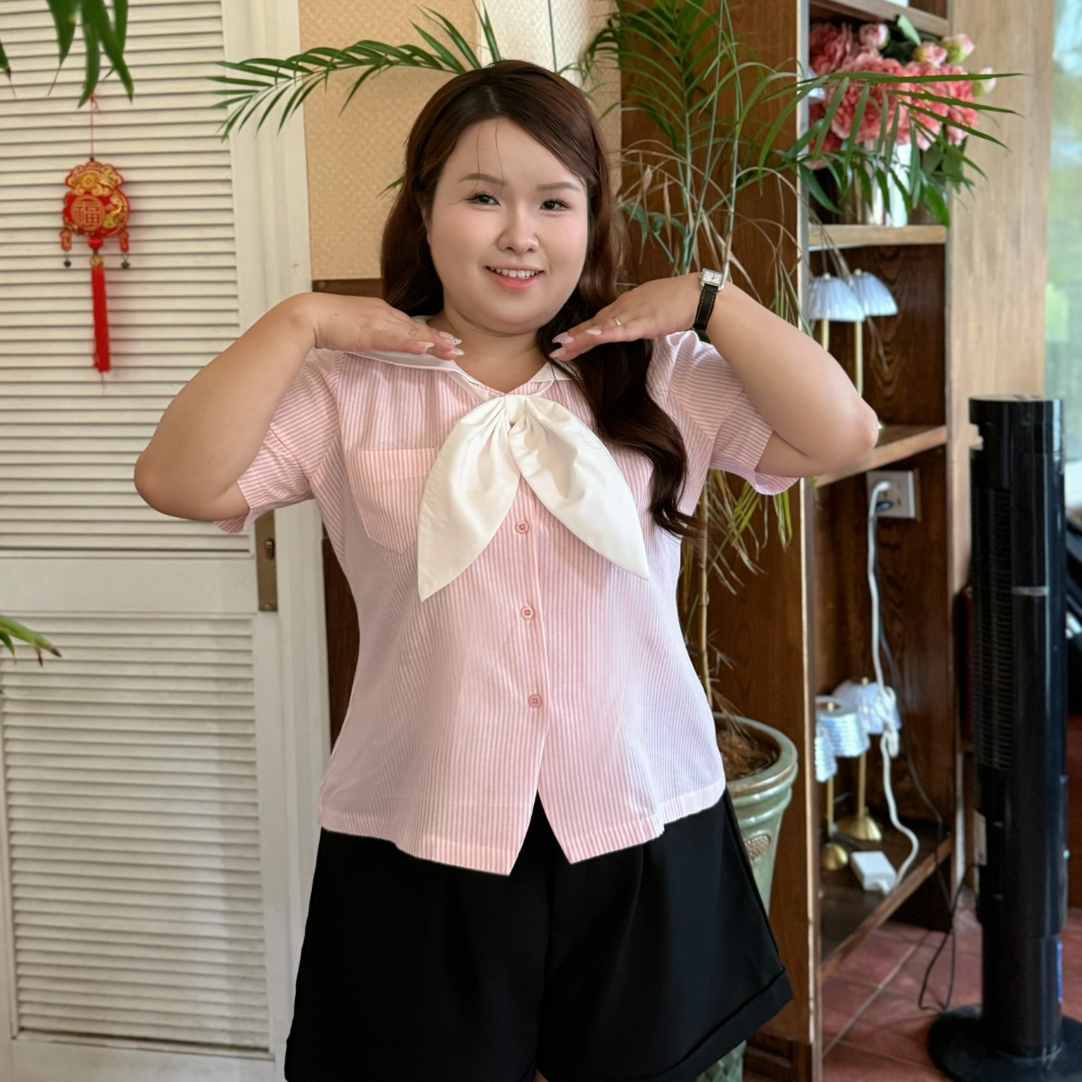 Áo sơ mi bigsize nữ 60kg - 100kg cổ thuỷ thủ nơ xinh hoạ tiết sọc phù hợp mặc đi làm, đi học, đi chơi