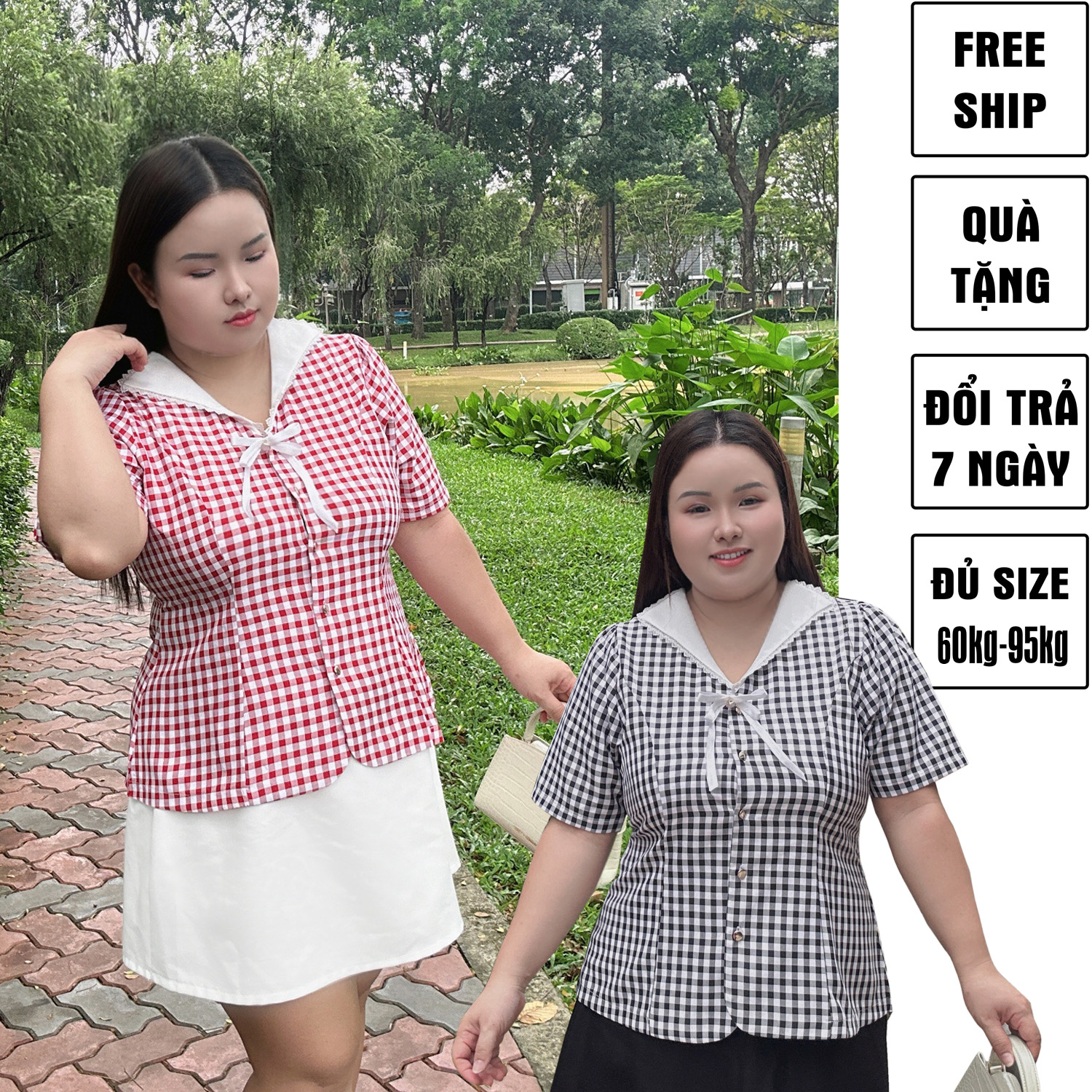 Áo Sơ Mi Bigsize Nữ 60kg - 85kg Caro Peplum Cổ Thủy Thủ Chất Cotton Dày Dặn