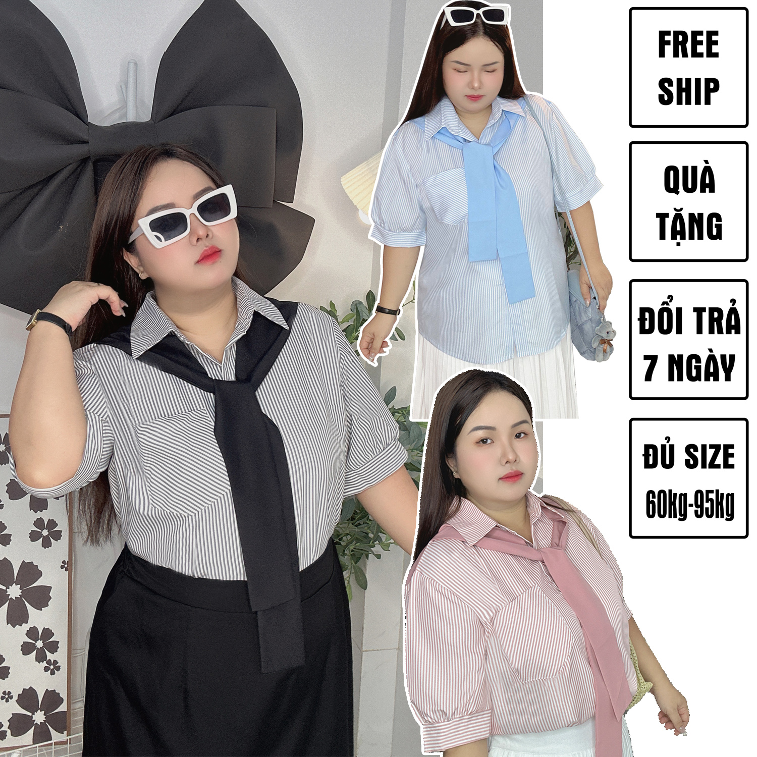 Áo sơ mi nữ sọc dọc cổ sơ mi phối màu bigsize 60kg - 95kg phù hợp mặc đi làm, đi học, đi chơi