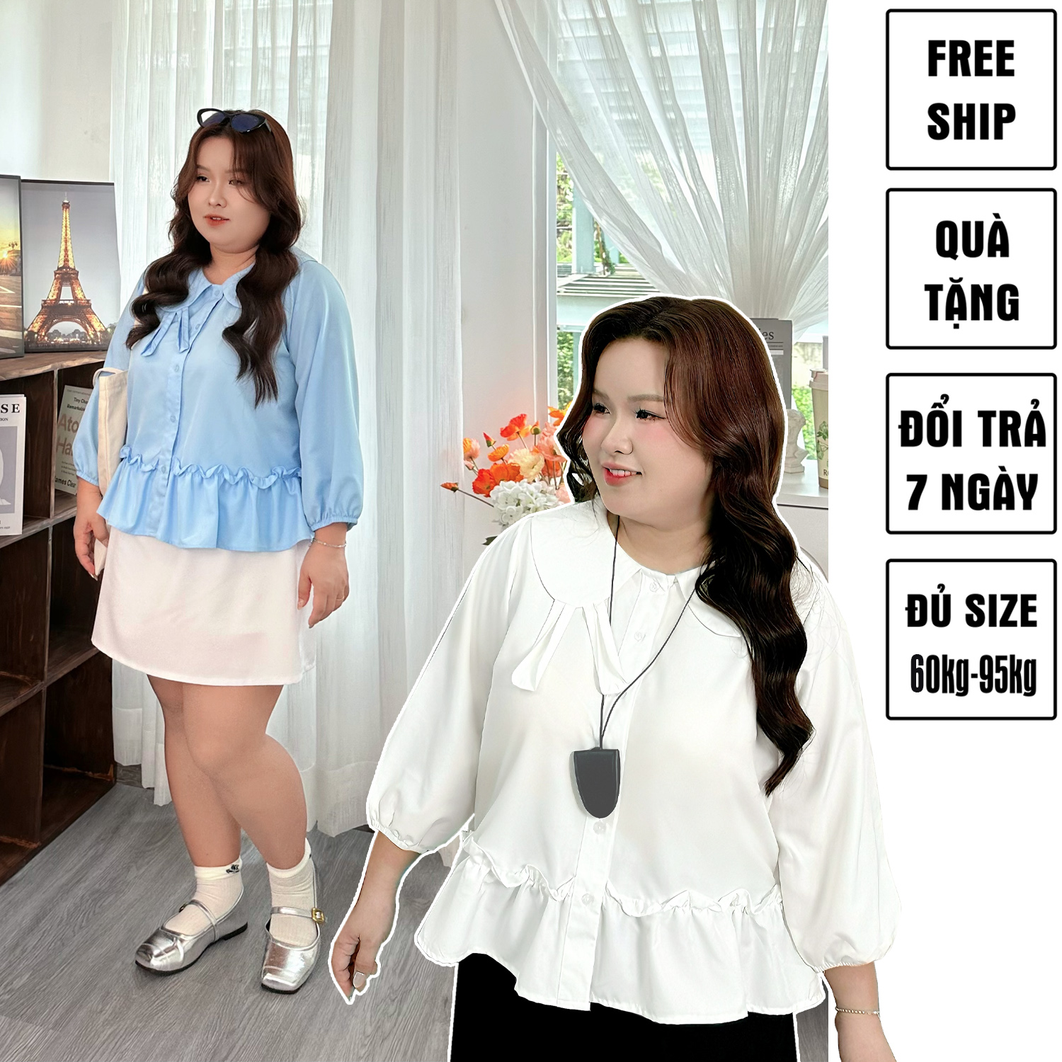 Áo sơ mi bigsize 60kg-100kg dáng babydoll tai thỏ dễ thương