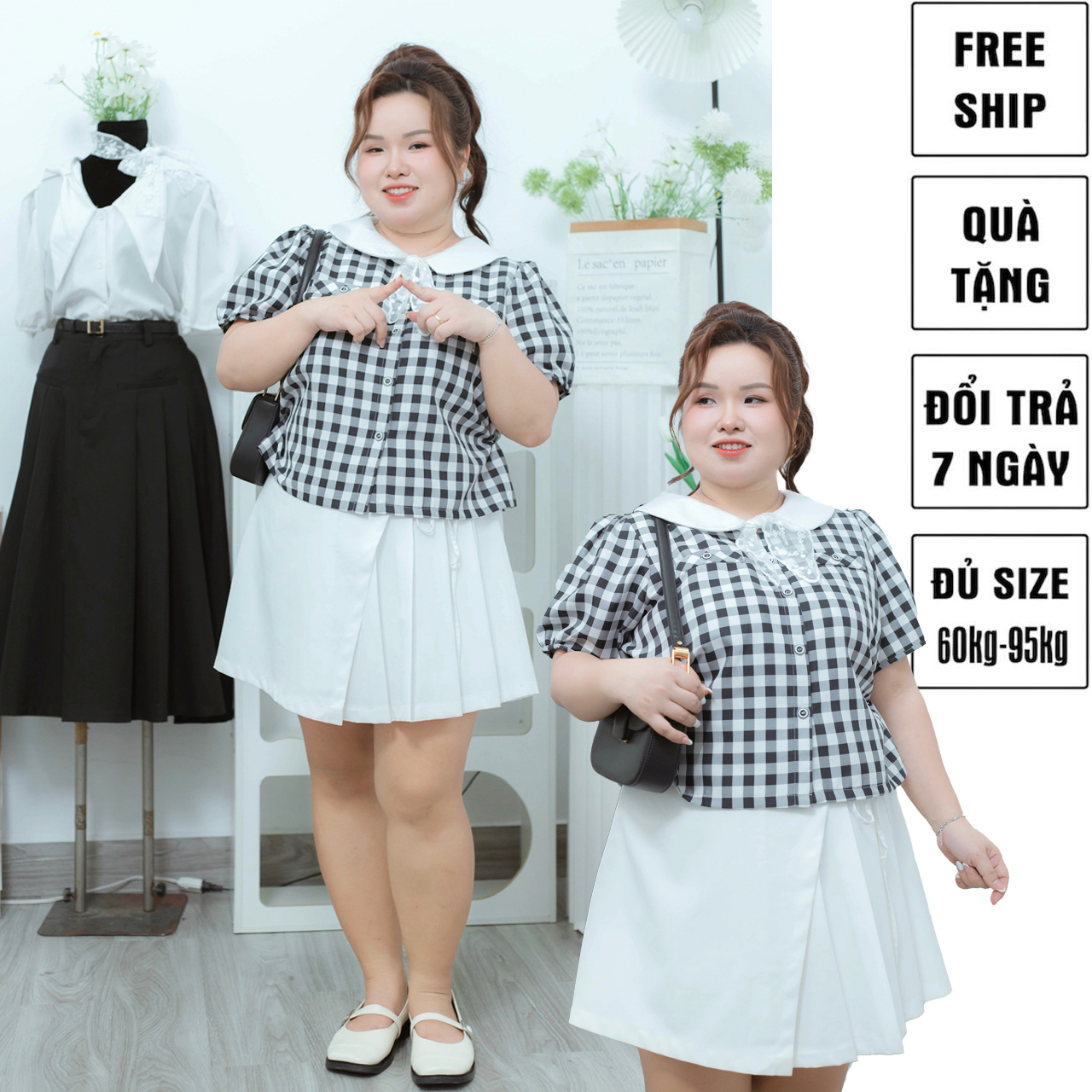 Áo sơ mi caro cổ sen bigsize 60kkg-90kg mặc công sở đi làm đi chơi