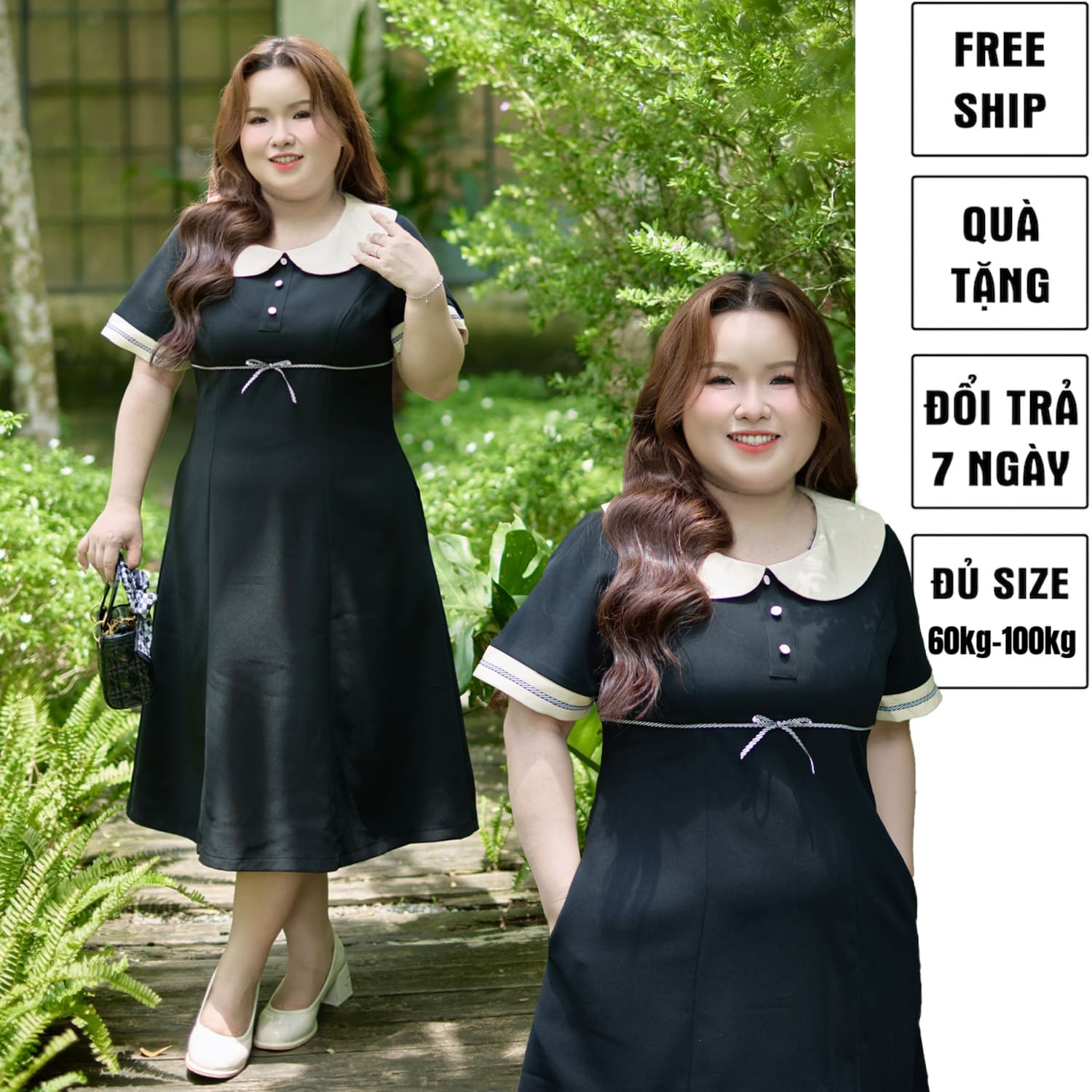 CA030022E-Đầm bigsize 60kg - 100kg kiểu dáng cổ sen phối màu phù hợp mặc đi làm, đi học, đi chơi