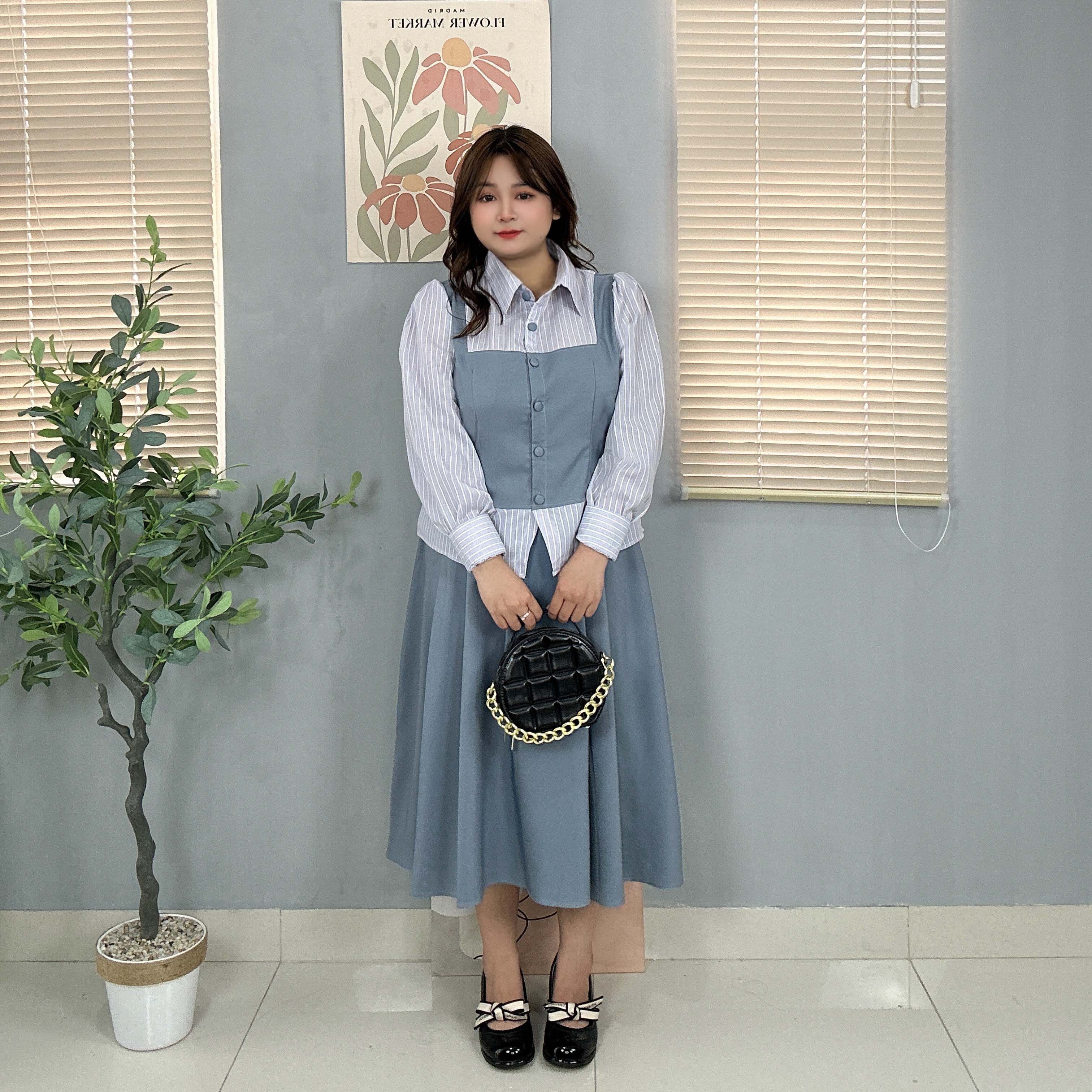Sét bộ áo sơ mi sọc phối màu chân váy xếp ly xoè dáng dài bigsize 60kg - 95kg