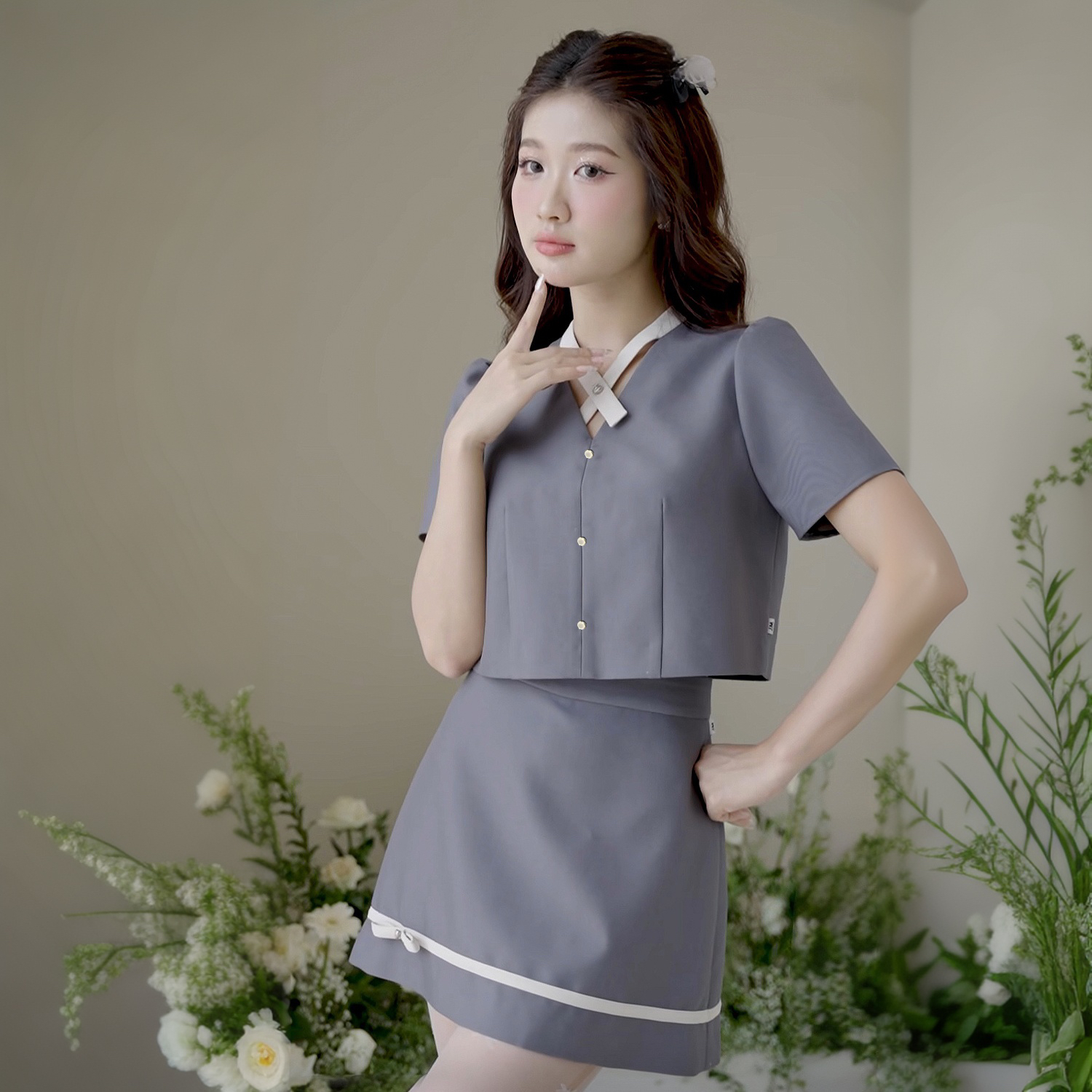 Set đồ bigsize nữ cổ tim chân váy quần dáng A phong cách Hàn Quốc trẻ trung