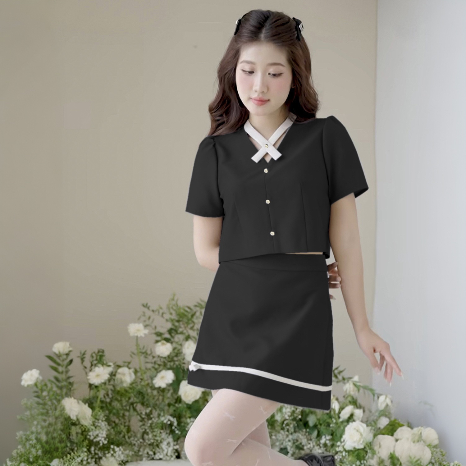 Set đồ bigsize nữ cổ tim chân váy quần dáng A phong cách Hàn Quốc trẻ trung