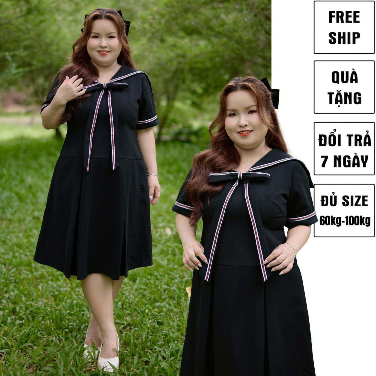 CA030018-Đầm nữ bigsize 60kg - 100kg kiểu dáng cổ thuỷ thủ viền dây phối màu xinh xắn phù hợp mặc đi làm, đi học