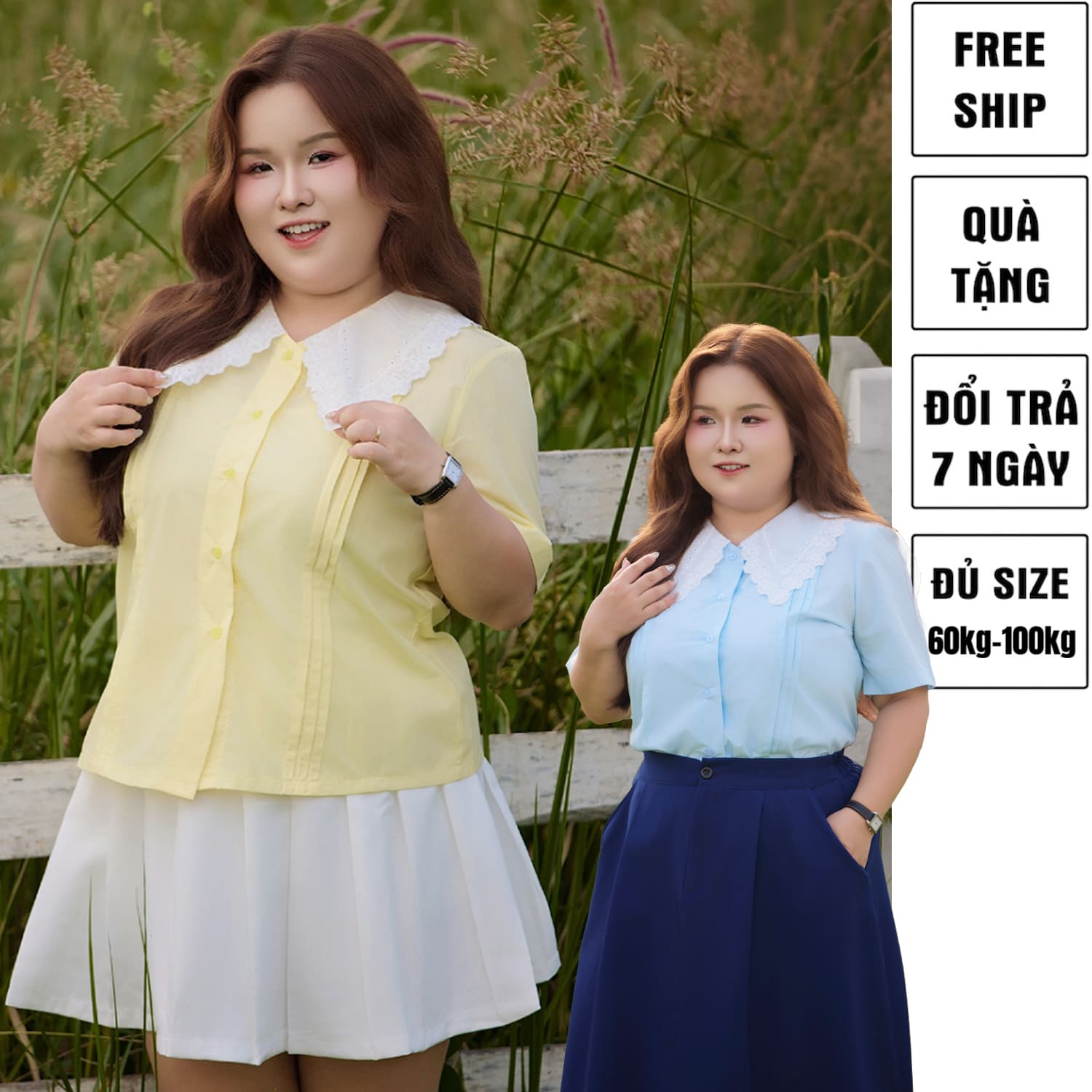 Áo sơ mi bigsize nữ 60kg - 100kg cổ phối ren phù hợp mặc đi làm đi học đi chơi