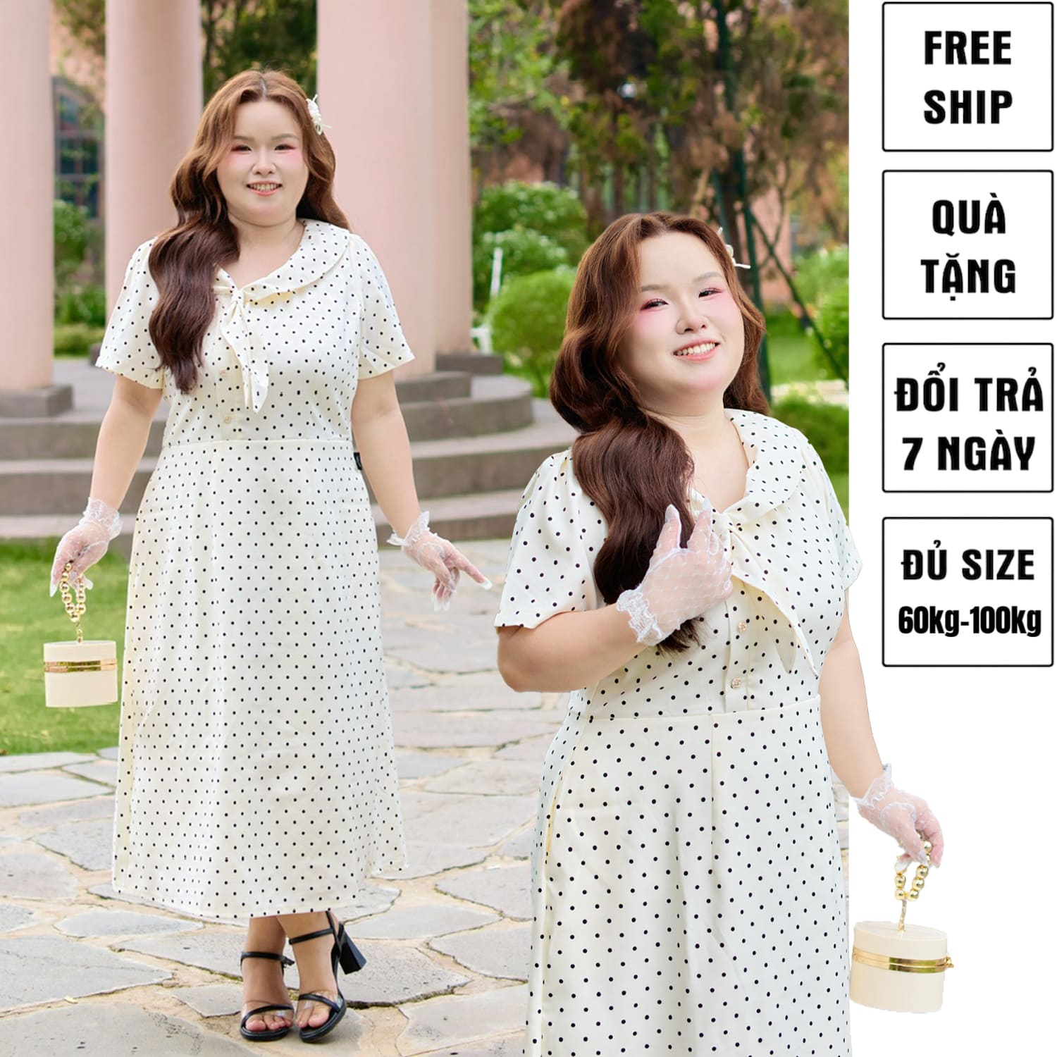 CA030030-Đầm bigsize 60kg - 100kg chấm bi phù hợp mặc đi làm, đi tiệc , đi chơi