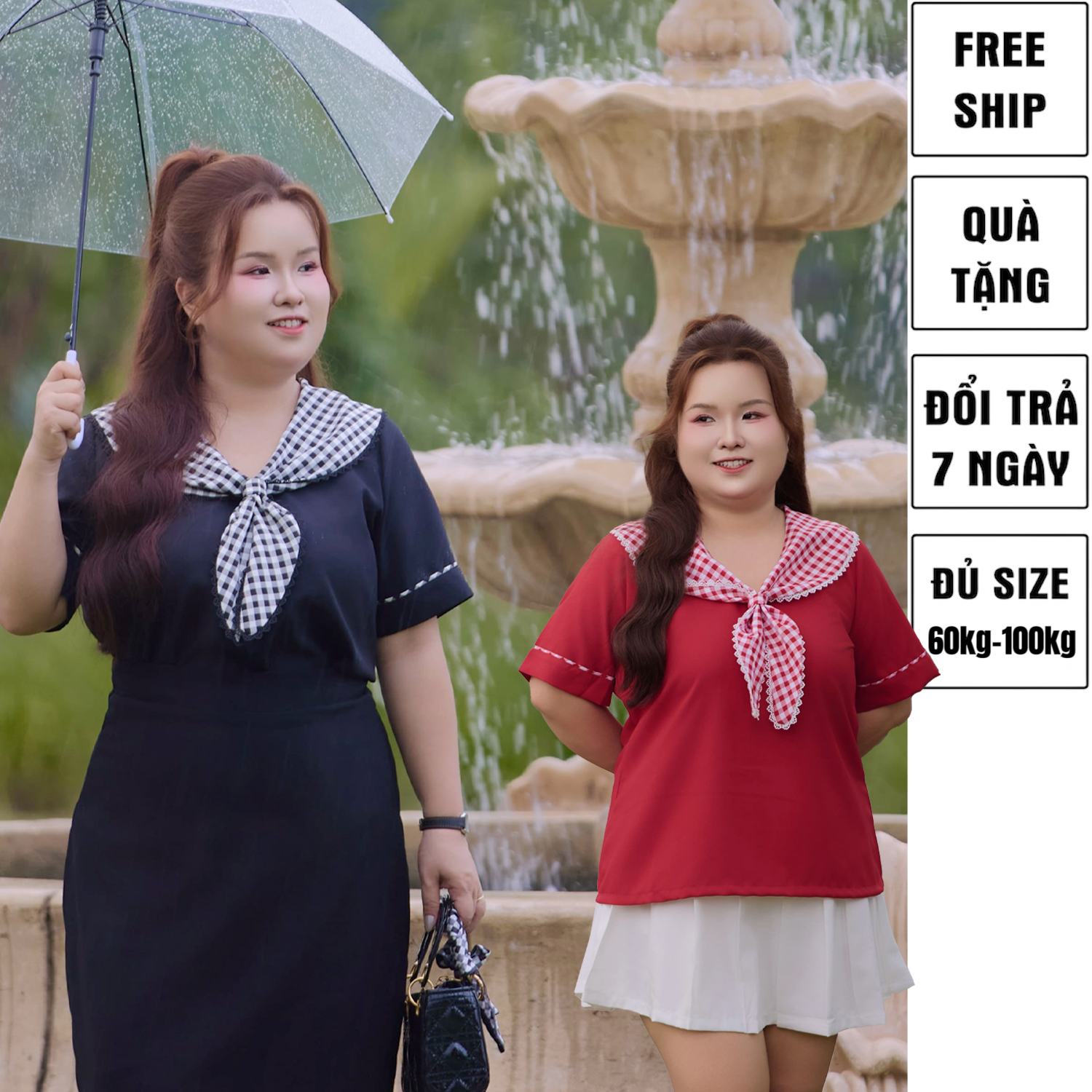 Áo kiểu bigsize nữ 60kg - 100kg phối caro phù hợp mặc đi làm , đi học, đi chơi