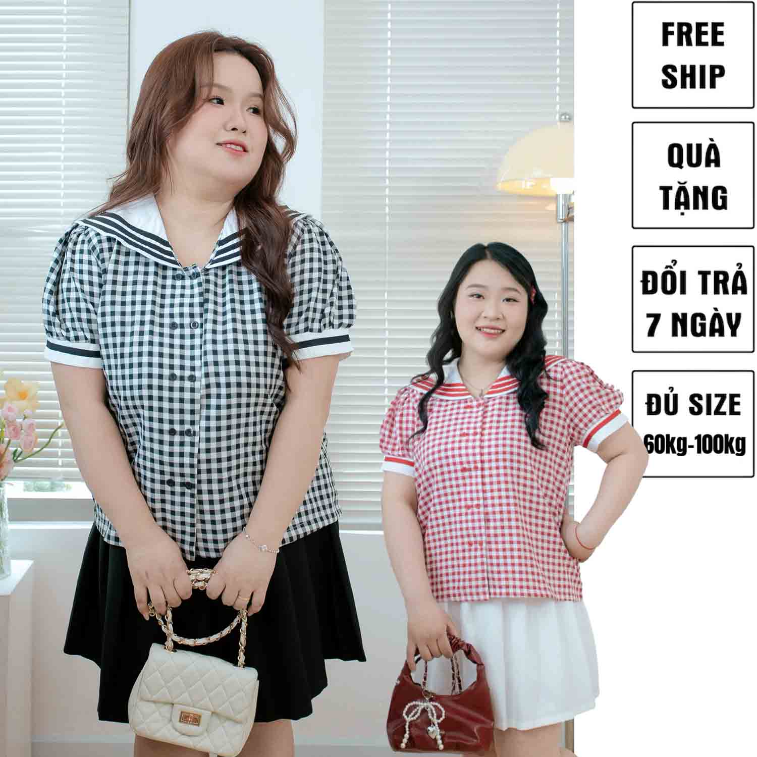 Áo sơ mi caro cổ thủy thủ nữ bigsize 60kg - 95kg phong cách Hàn Quốc thời trang