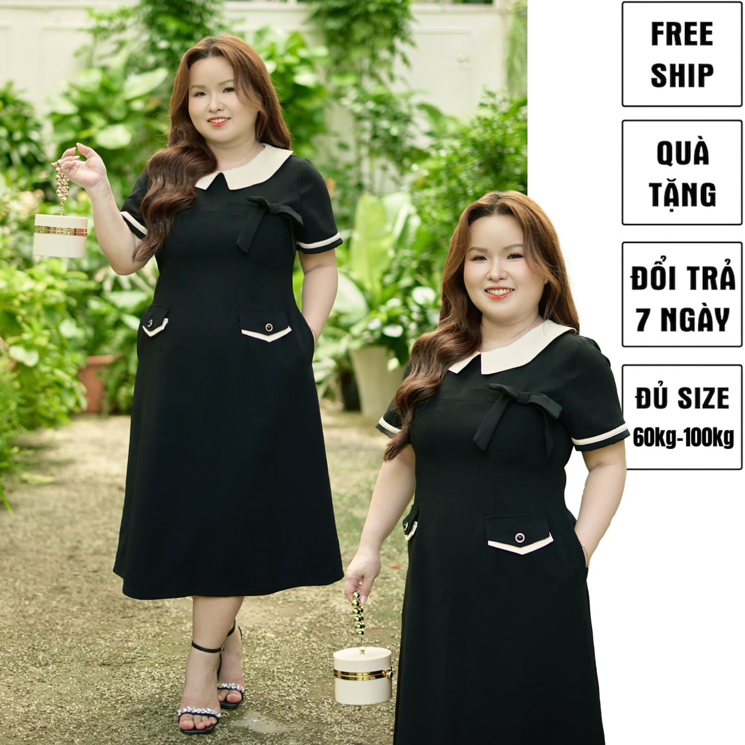 CA030018-Đầm công sở bigsize nữ 60kg - 100kg phối cổ có nắp túi phù hợp mặc đi làm, đi tiệc, đi chơi