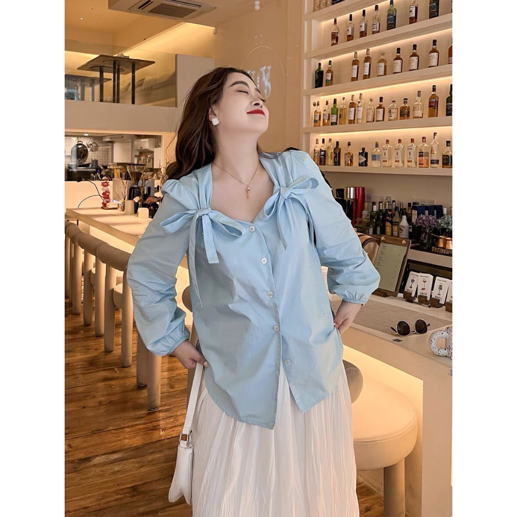 Áo sơ mi cột nơ vai bigsize 55Kg - 95kg áo sơ mi bigsize công sở áo sơ mi dễ thương