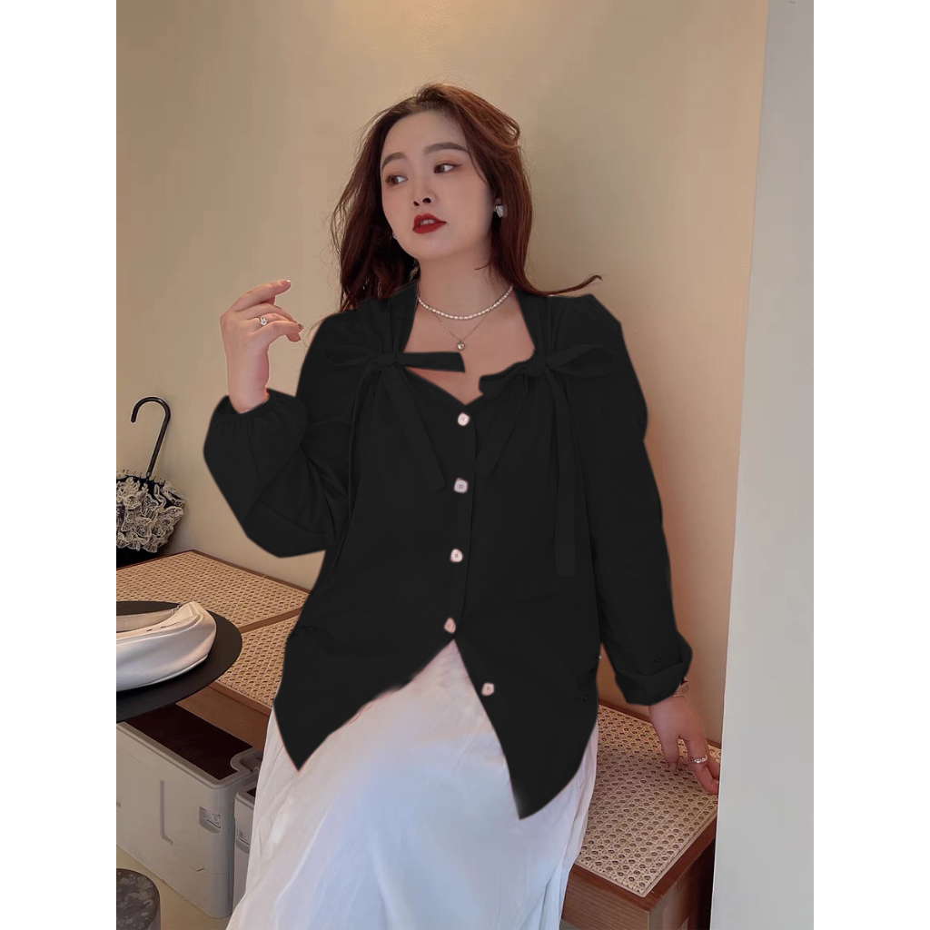 Áo sơ mi cột nơ vai bigsize 55Kg - 95kg áo sơ mi bigsize công sở áo sơ mi dễ thương