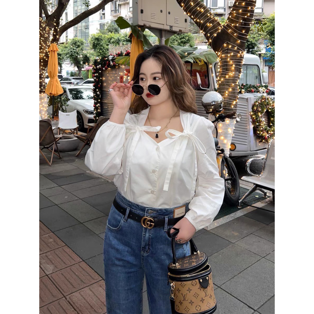 Áo sơ mi cột nơ vai bigsize 55Kg - 95kg áo sơ mi bigsize công sở áo sơ mi dễ thương