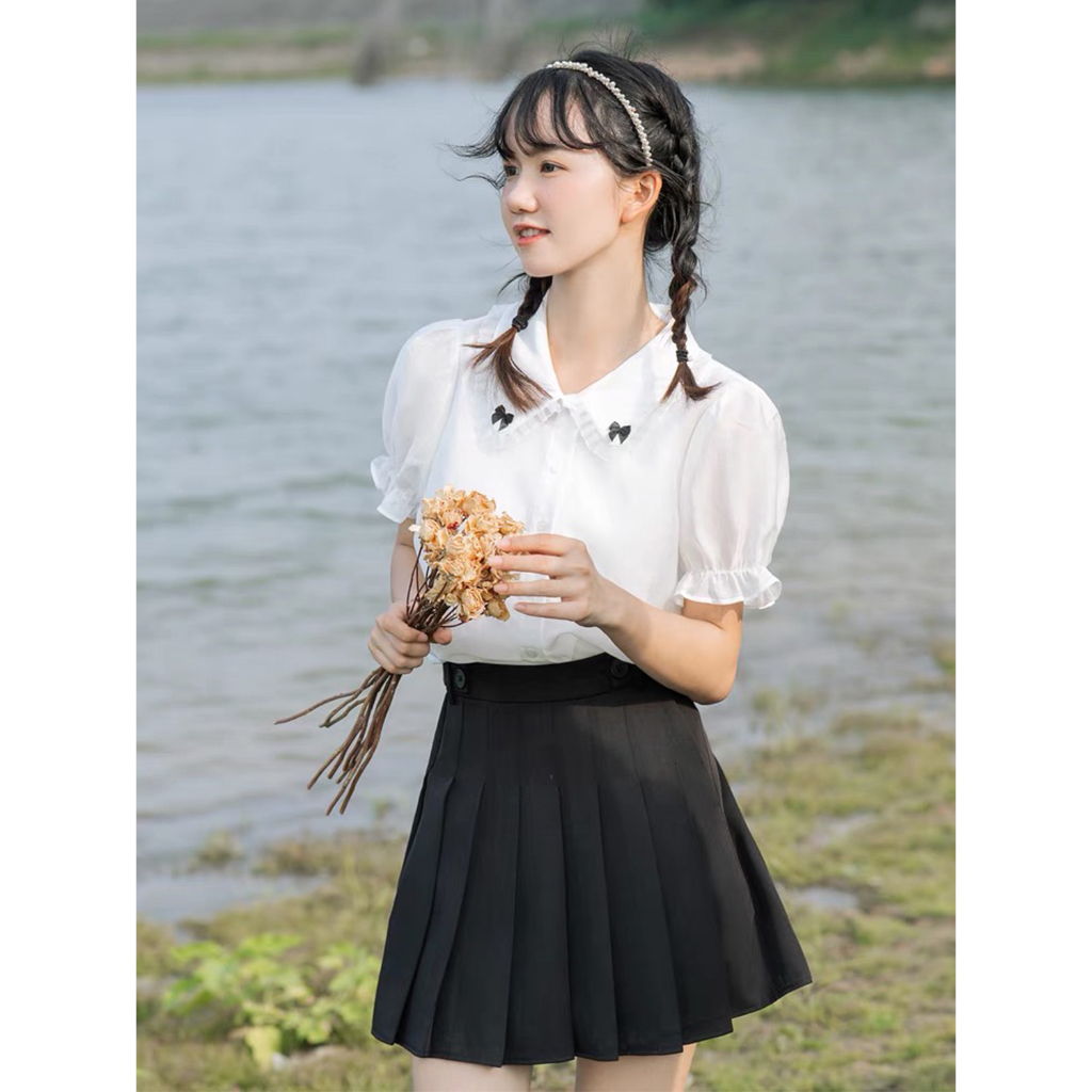 [MUA1TẶNG1] Sơ mi trắng nơ cổ bigsize 60kg - 100kg sơ mi trắng cách điệu dễ thương mặc đi học đi làm đi chơi