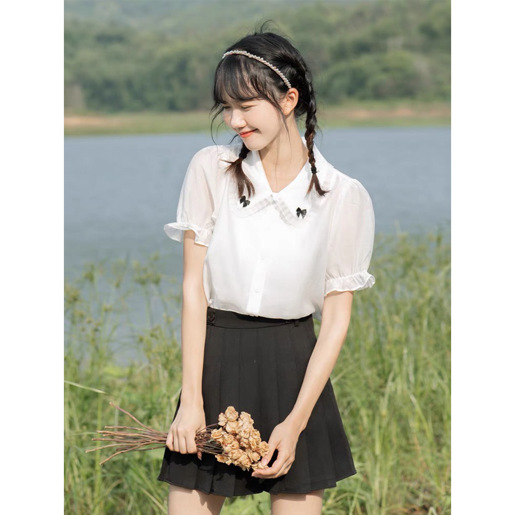 [MUA1TẶNG1] Sơ mi trắng nơ cổ bigsize 60kg - 100kg sơ mi trắng cách điệu dễ thương mặc đi học đi làm đi chơi