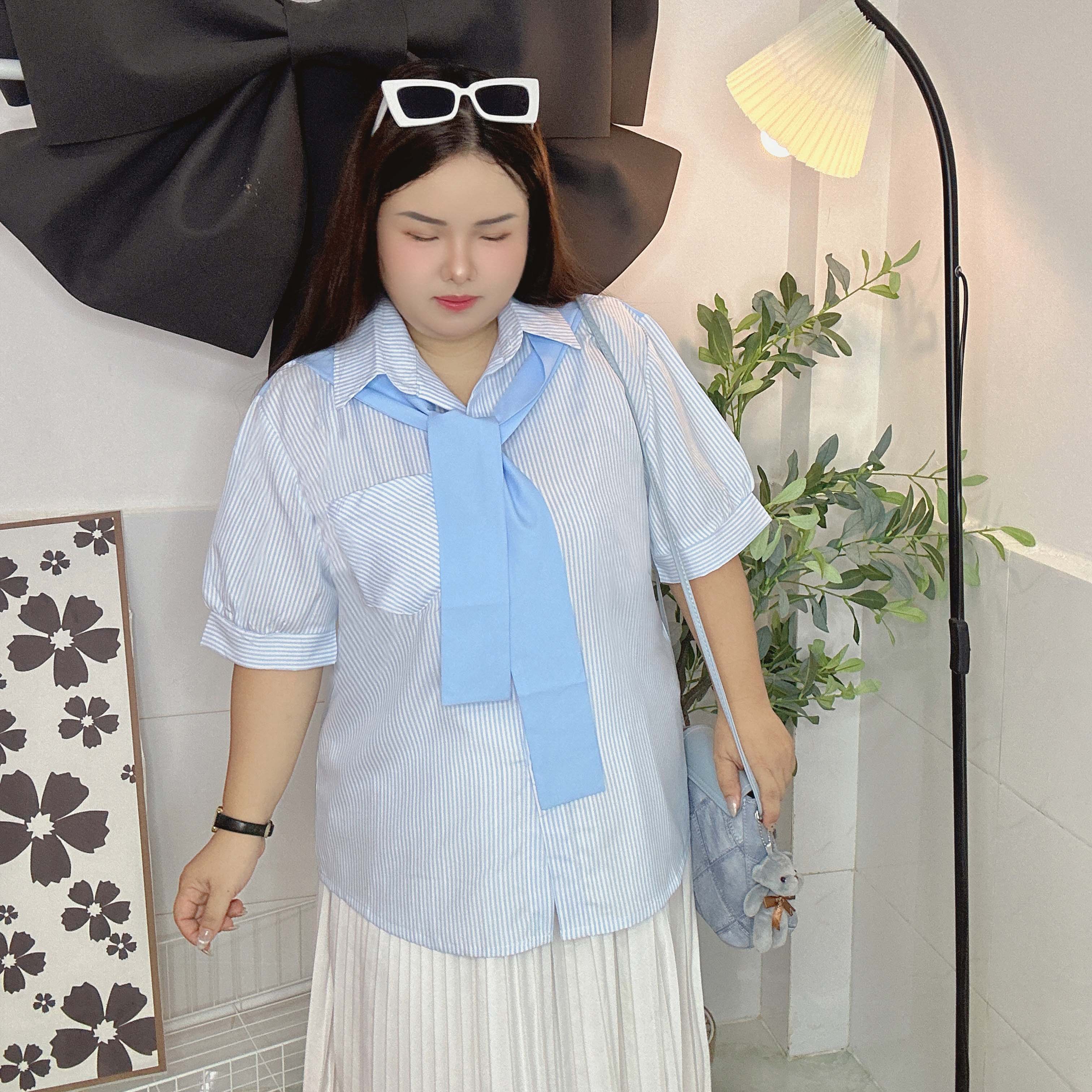 Áo sơ mi nữ sọc dọc cổ sơ mi phối màu bigsize 60kg - 95kg phù hợp mặc đi làm, đi học, đi chơi