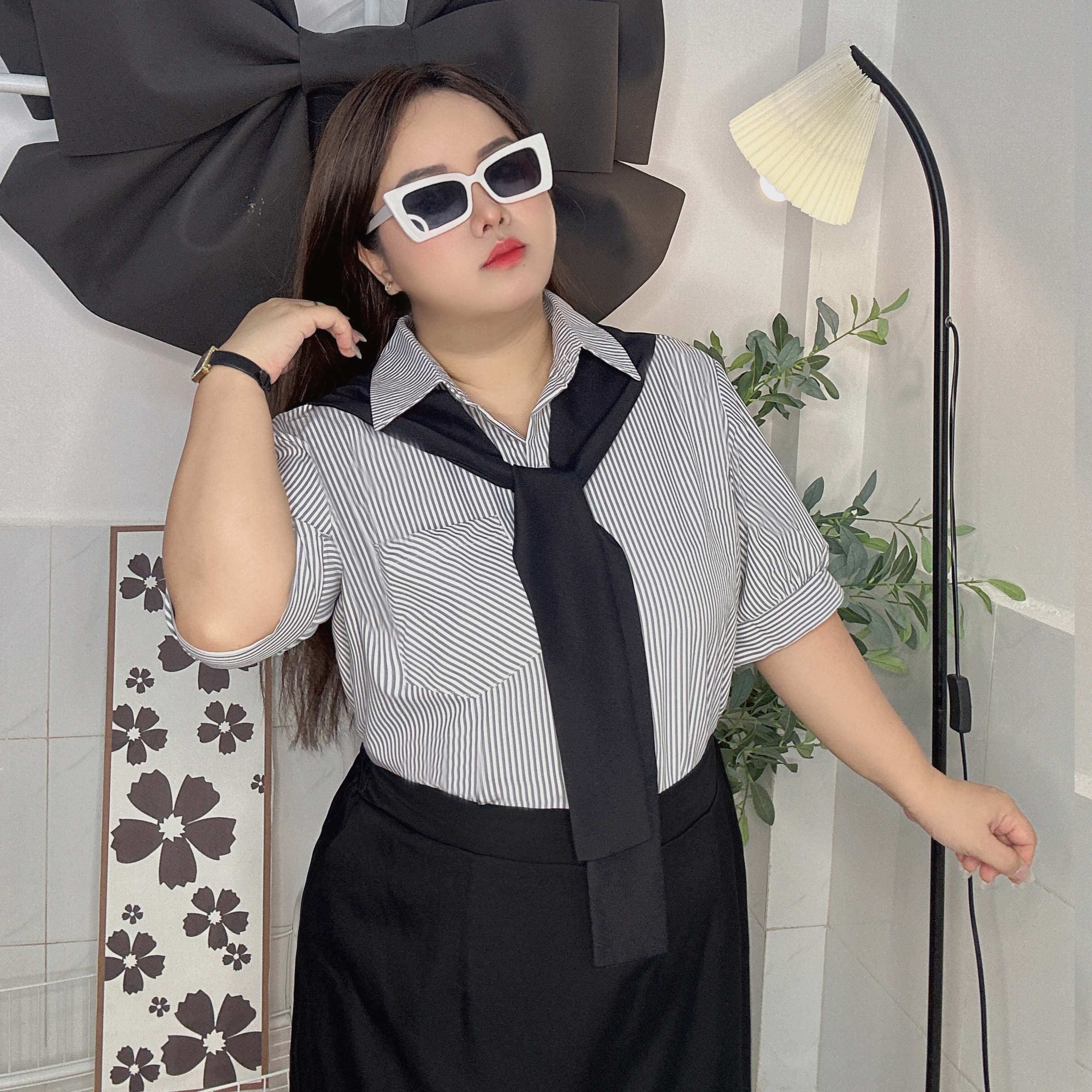 Áo sơ mi nữ sọc dọc cổ sơ mi phối màu bigsize 60kg - 95kg phù hợp mặc đi làm, đi học, đi chơi
