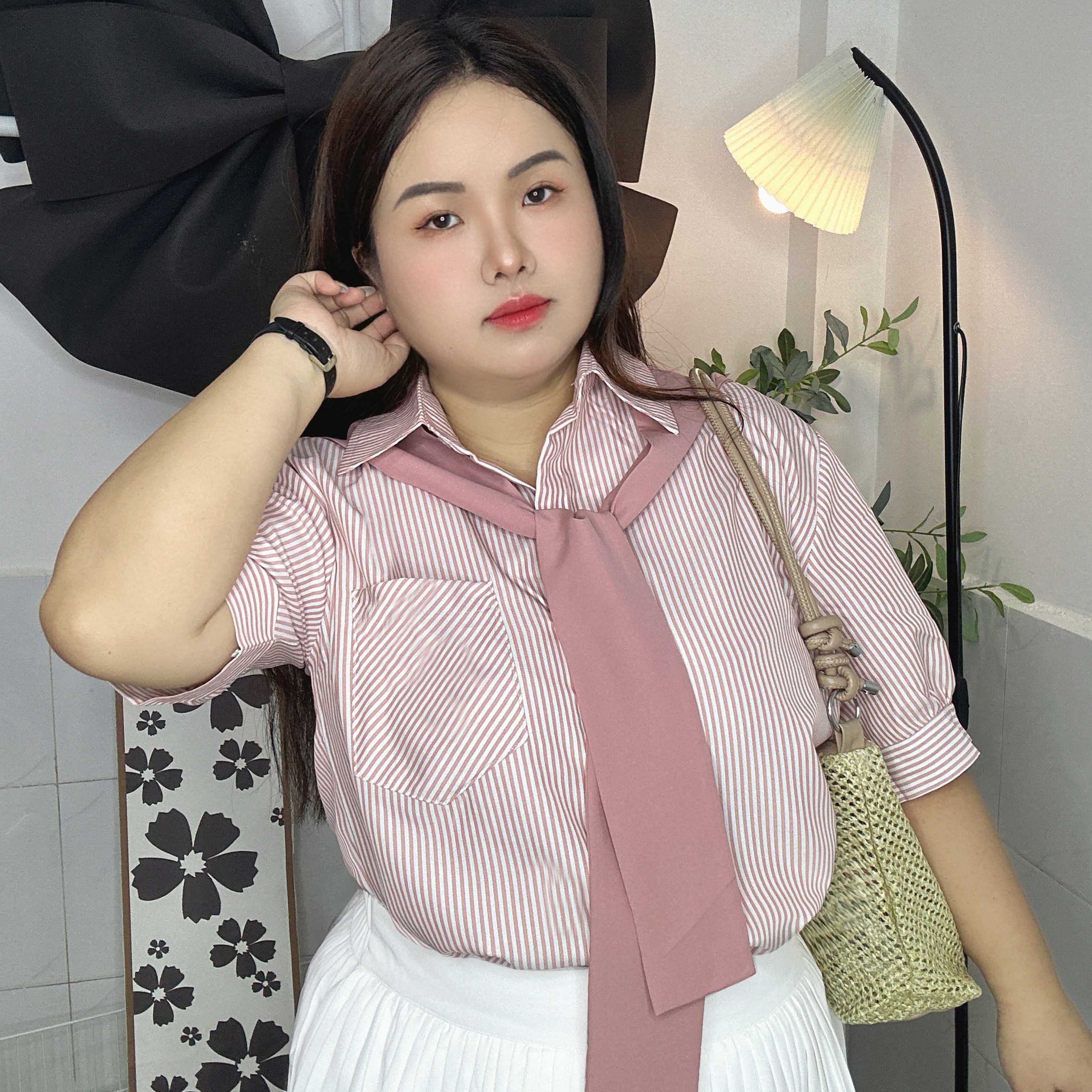 Áo sơ mi nữ sọc dọc cổ sơ mi phối màu bigsize 60kg - 95kg phù hợp mặc đi làm, đi học, đi chơi