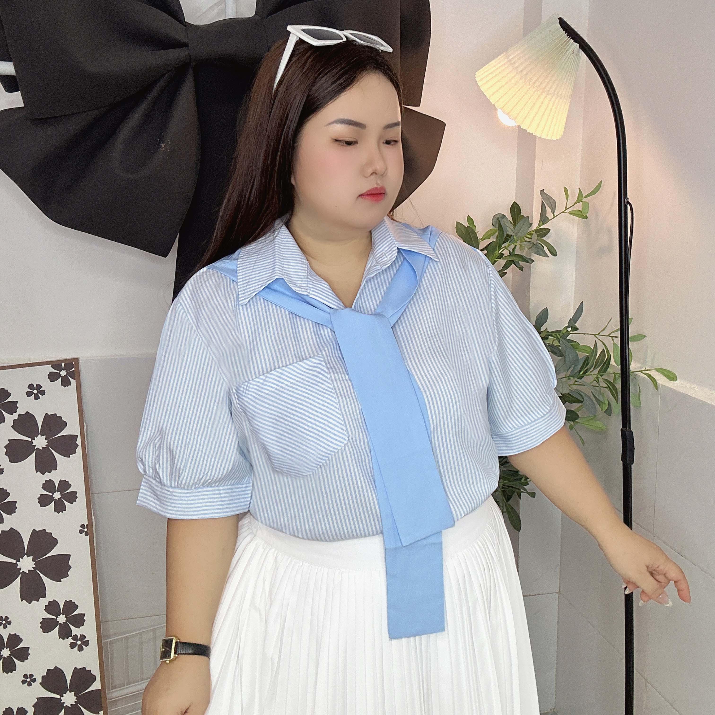 Áo sơ mi nữ sọc dọc cổ sơ mi phối màu bigsize 60kg - 95kg phù hợp mặc đi làm, đi học, đi chơi