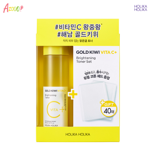 Nước hoa hồng làm trắng da kèm bông tẩy trang Holika Holika Gold Kiwi Vita C+ Brightening Toner Set 150ml_19291