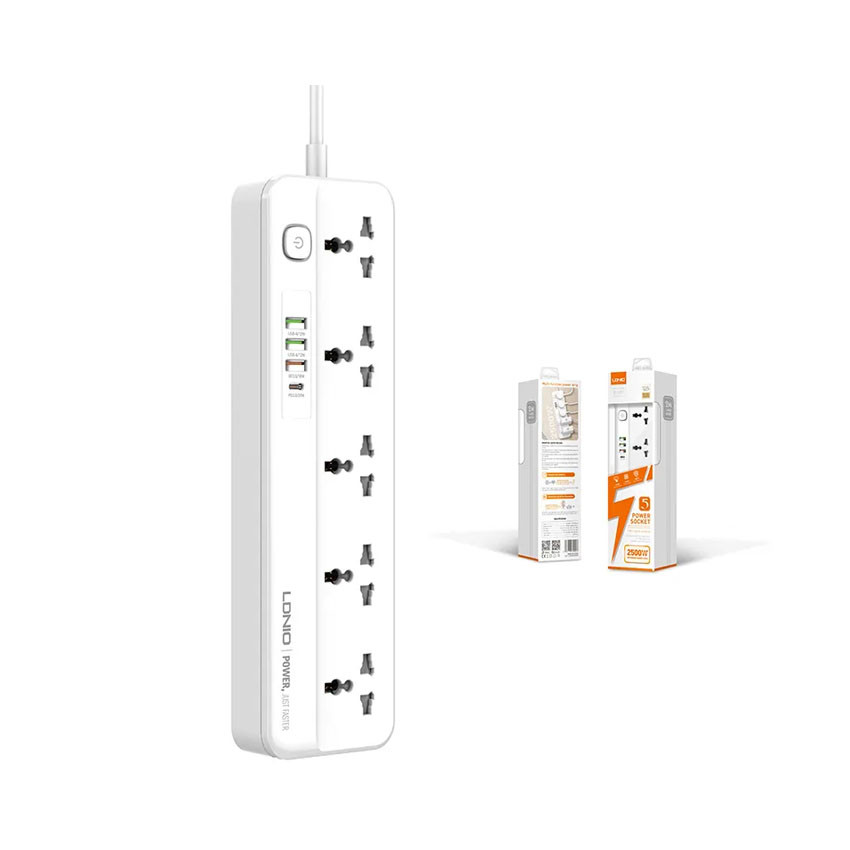 Ổ cắm điện đa năng LDNIO SC5415 5 cổng AC 3 cổng USB 1 cổng Type C PD20W 2500W dài 2m màu trắng