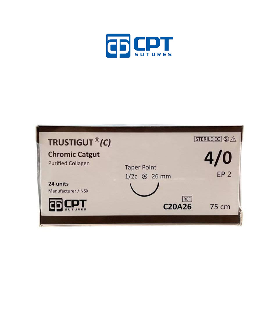 CHỈ CPT CHROMIC 4/0 C20A26 DÀI 75 CM, KIM TRÒN, DÀI 26 MM, 1/2C