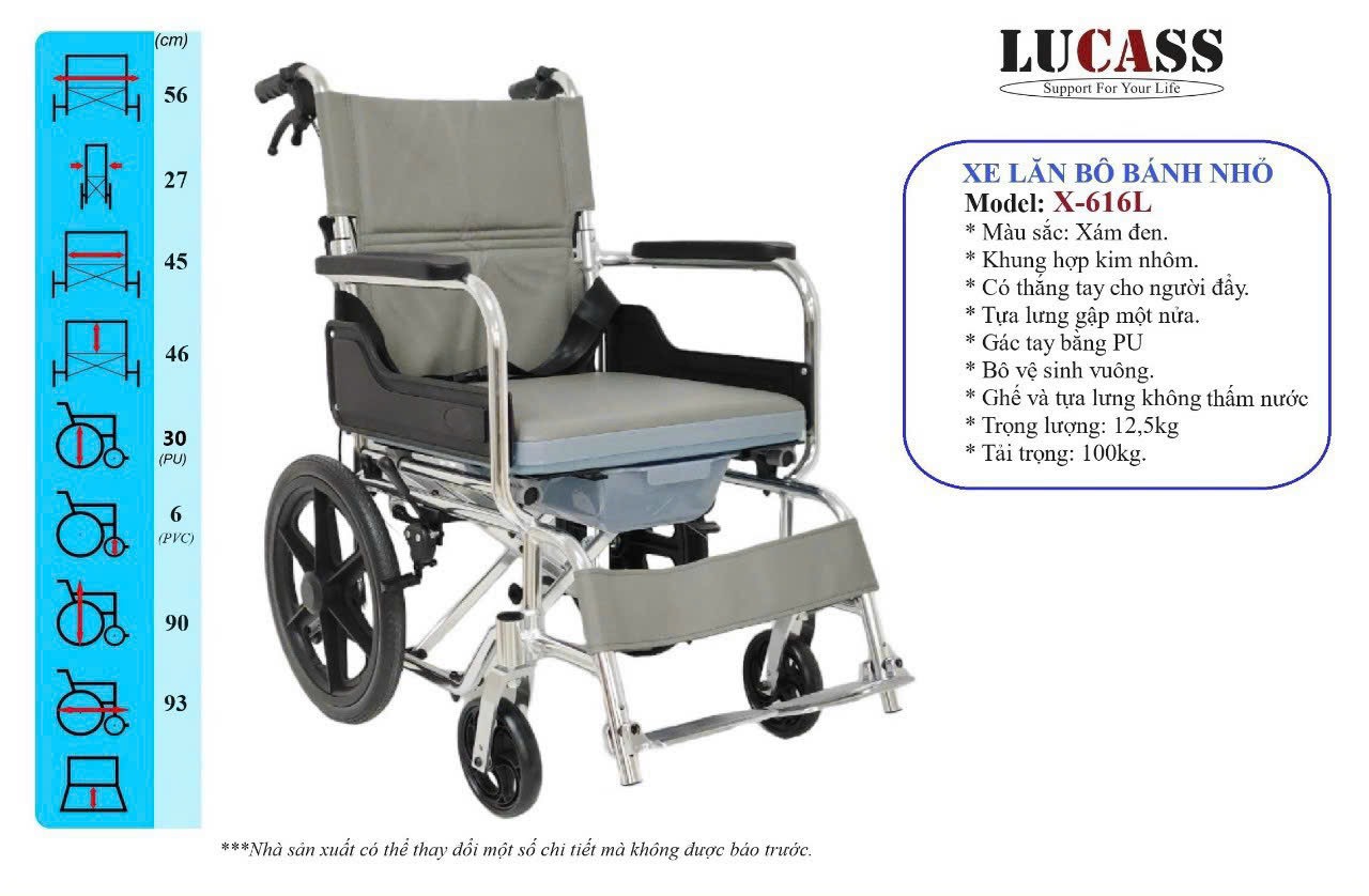 Xe lăn bô vuông bánh nhỏ Lucass X-616L