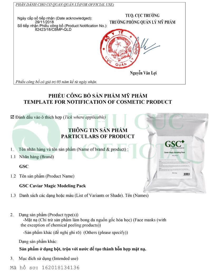 Công bố mỹ phẩm của bột mặt nạ dẻo GSC+