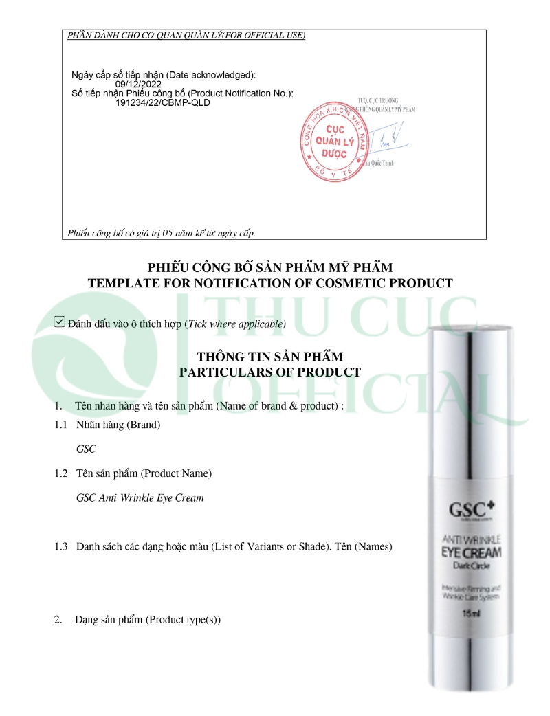 Công bố mỹ phẩm của kem mắt GSC+