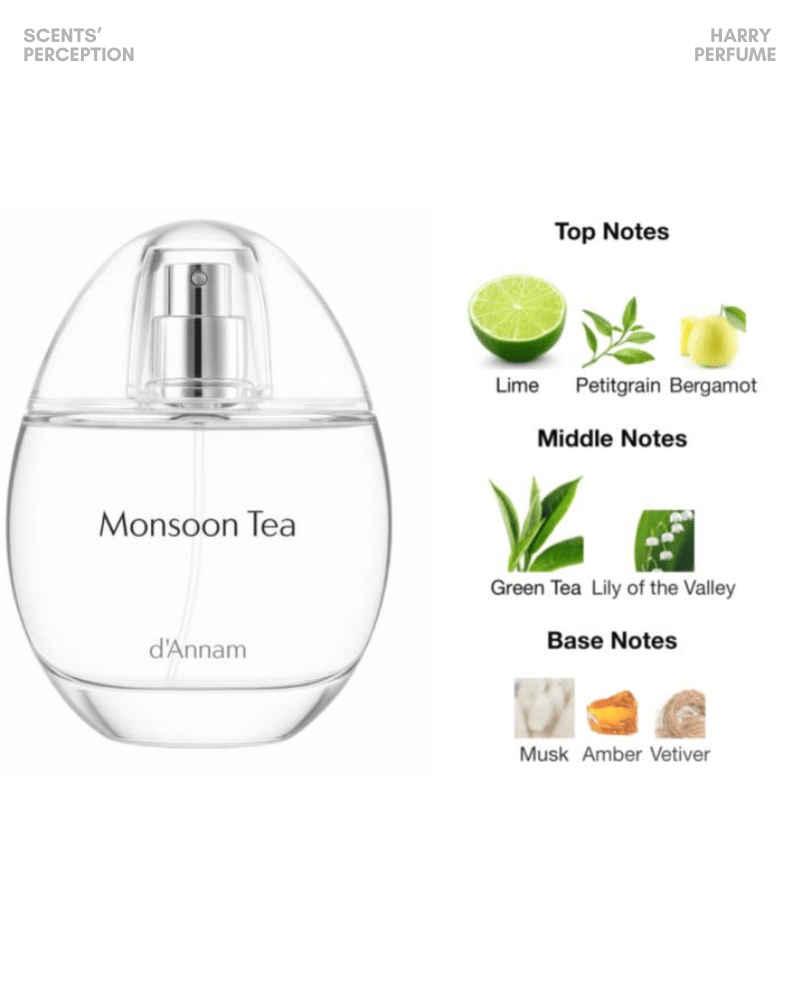 d'Annam Monsoon EDP kết hợp citrus, trà xanh và xạ hương, mang thanh mát, trong trẻo, thư giãn sau mưa