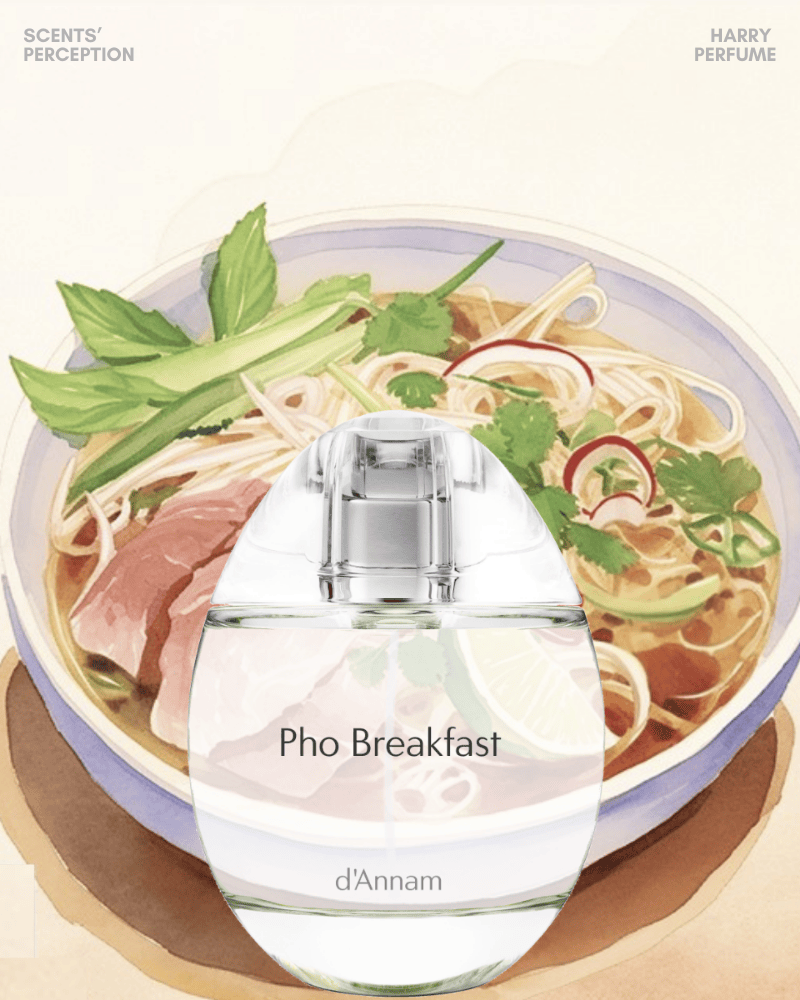 Chai Pho Breakfast EDP thiết kế bầu dục thủy tinh tối giản, nắp kim loại sang trọng, hộp minh họa bát phở đầy nghệ thuật.