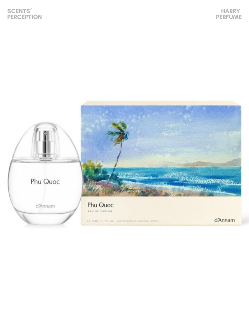 d'Annam Phu Quoc là mùi biển mặn khoáng, xanh khô, rồi dần ấm lên với hoa, gỗ, hổ phách nhẹ