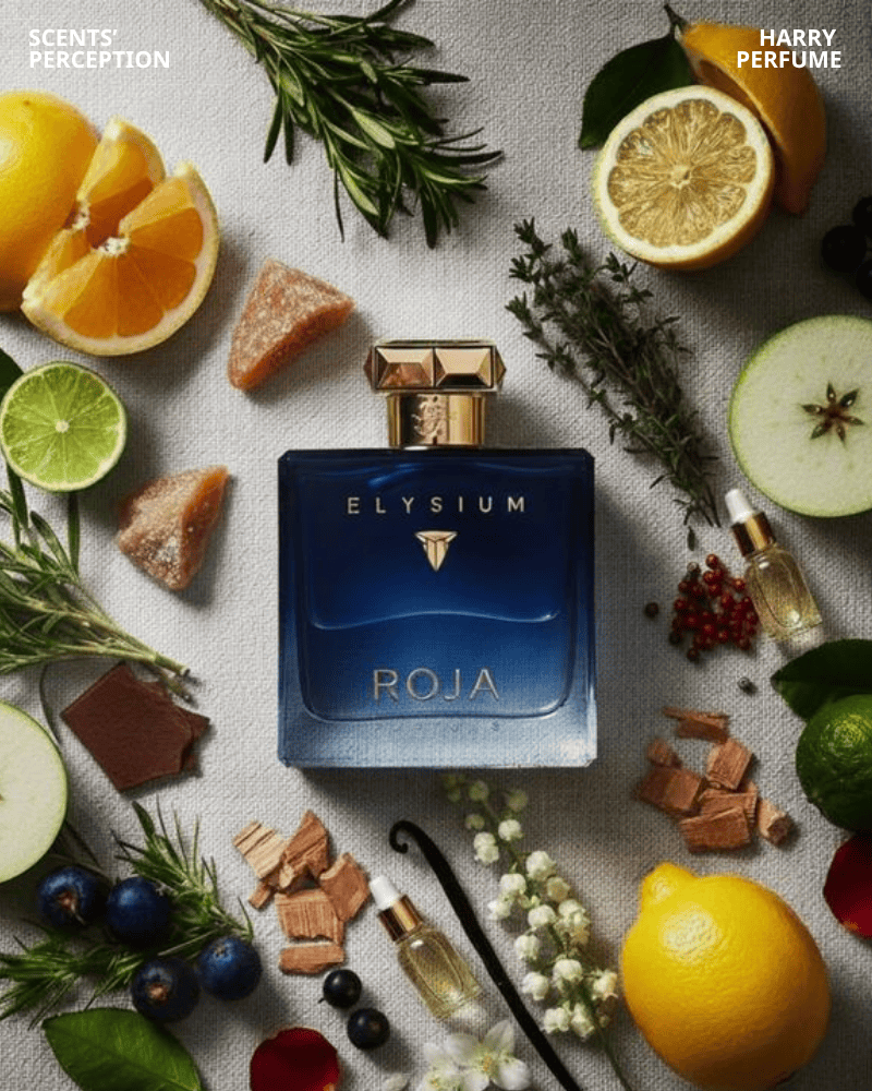 Roja Elysium mở đầu citrus tươi sáng, chuyển woody-floral tinh tế và kết thúc sang trọng với long diên hương, vani, da thuộc.