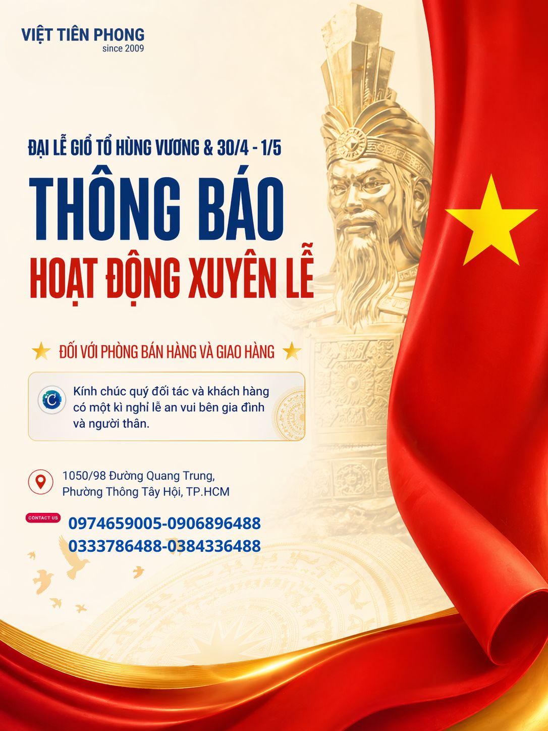 THÔNG BÁO LỊCH HOẠT ĐỘNG XUYÊN LỄ GIỖ TỔ HÙNG VƯƠNG & 30/4 – 1/5