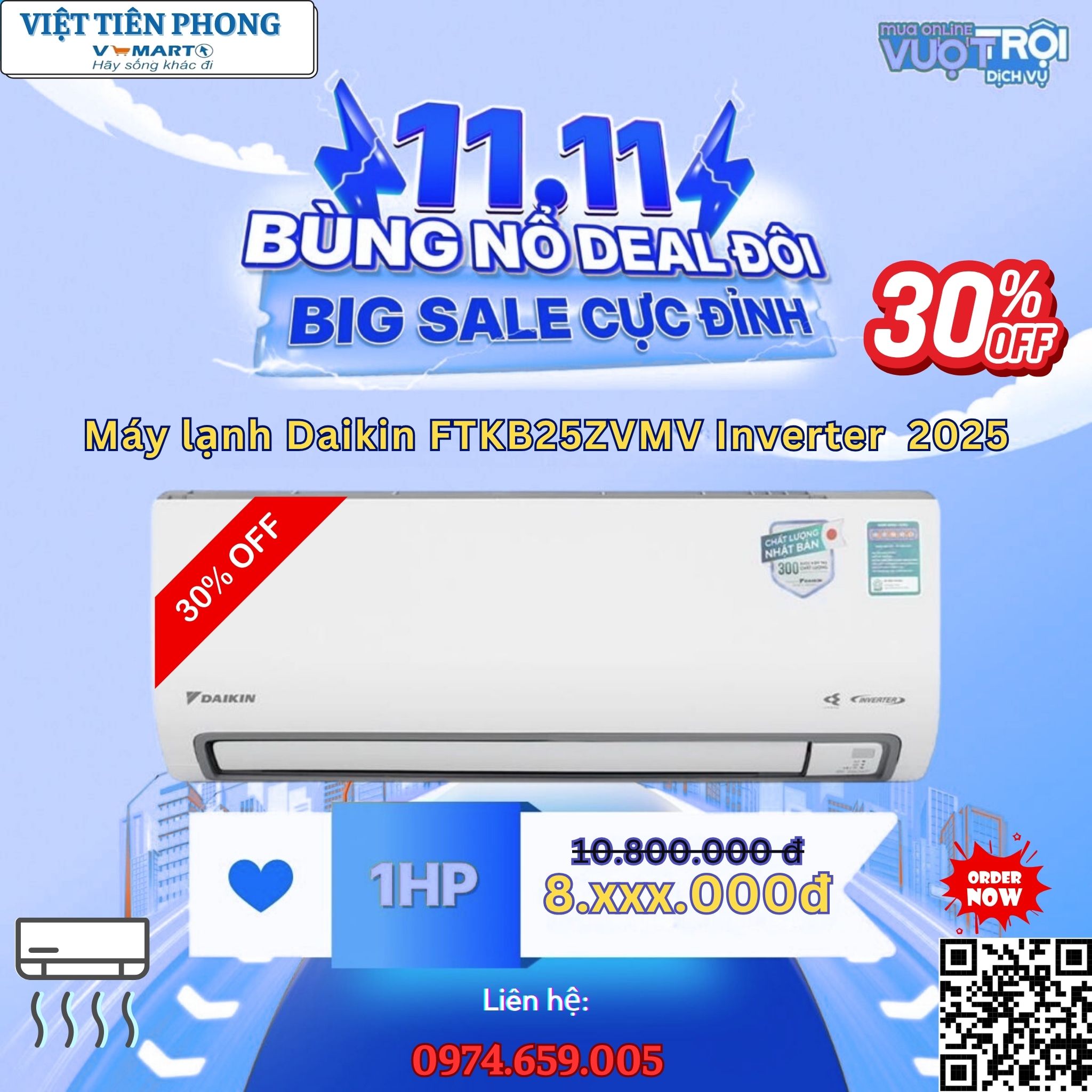 Chào đón ngày hội mua sắm 11.11 – Bùng nổ ưu đãi máy lạnh Daikin FTKB25ZVMV Inverter 2025